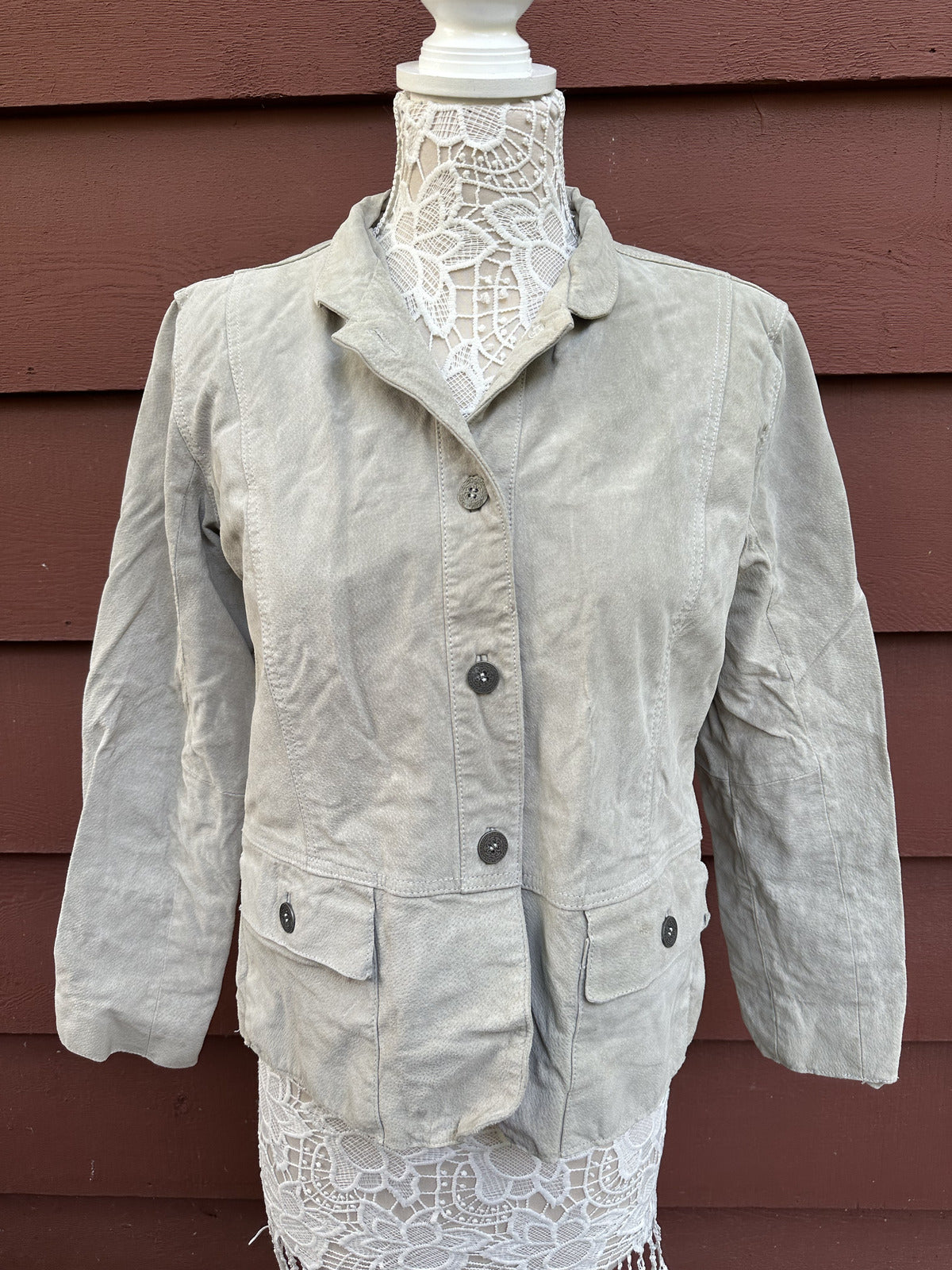 Chico's Light Gray Suede Leather Jacket with Mandarin Collar Elegant Boho