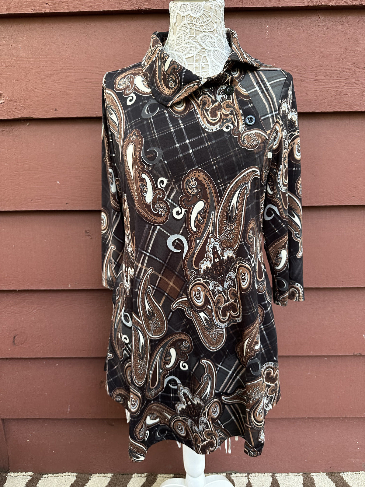R&B Collection Paisley Boho Chic Tunic Dress with Sculptural Collar