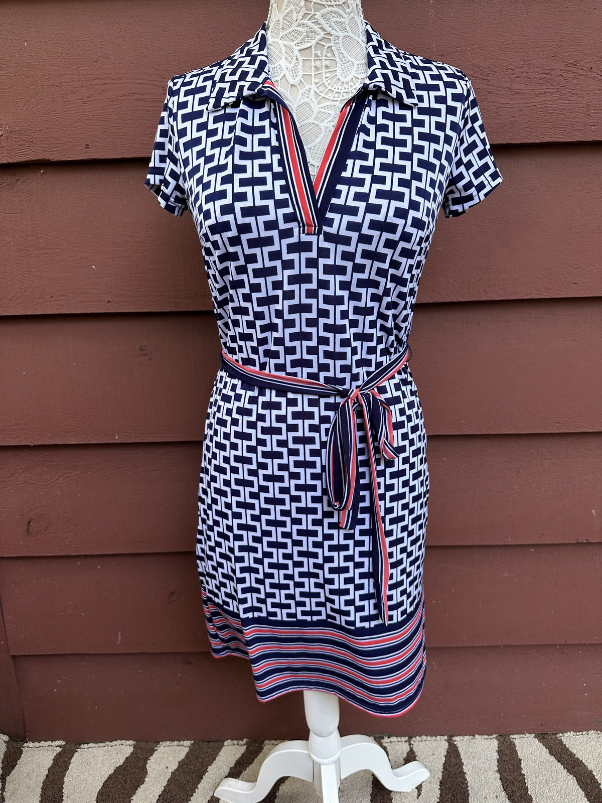 Mlle Gabrielle Blue and White Geometric Print Dress with Belt Preppy Coquette