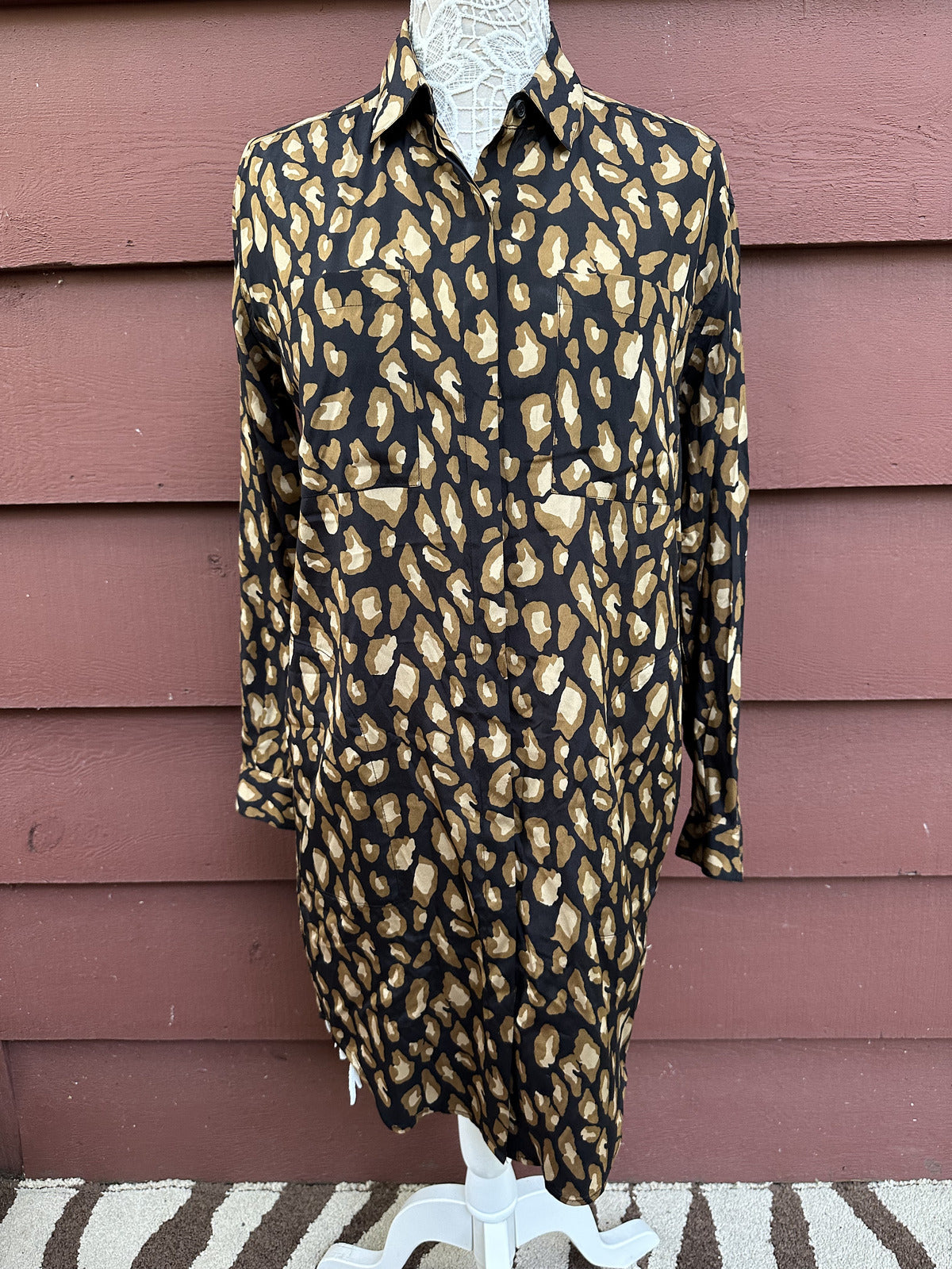 DKNY Leopard Print Shirt Dress Black Brown Y2K Mob Wife Glam