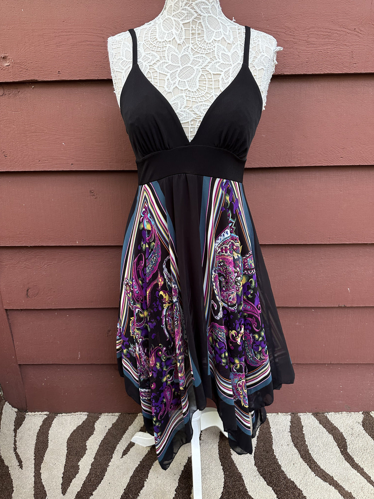 Fresh of LA Y2K Boho Festival Dress with Black Bodice and Multi Color Paisley