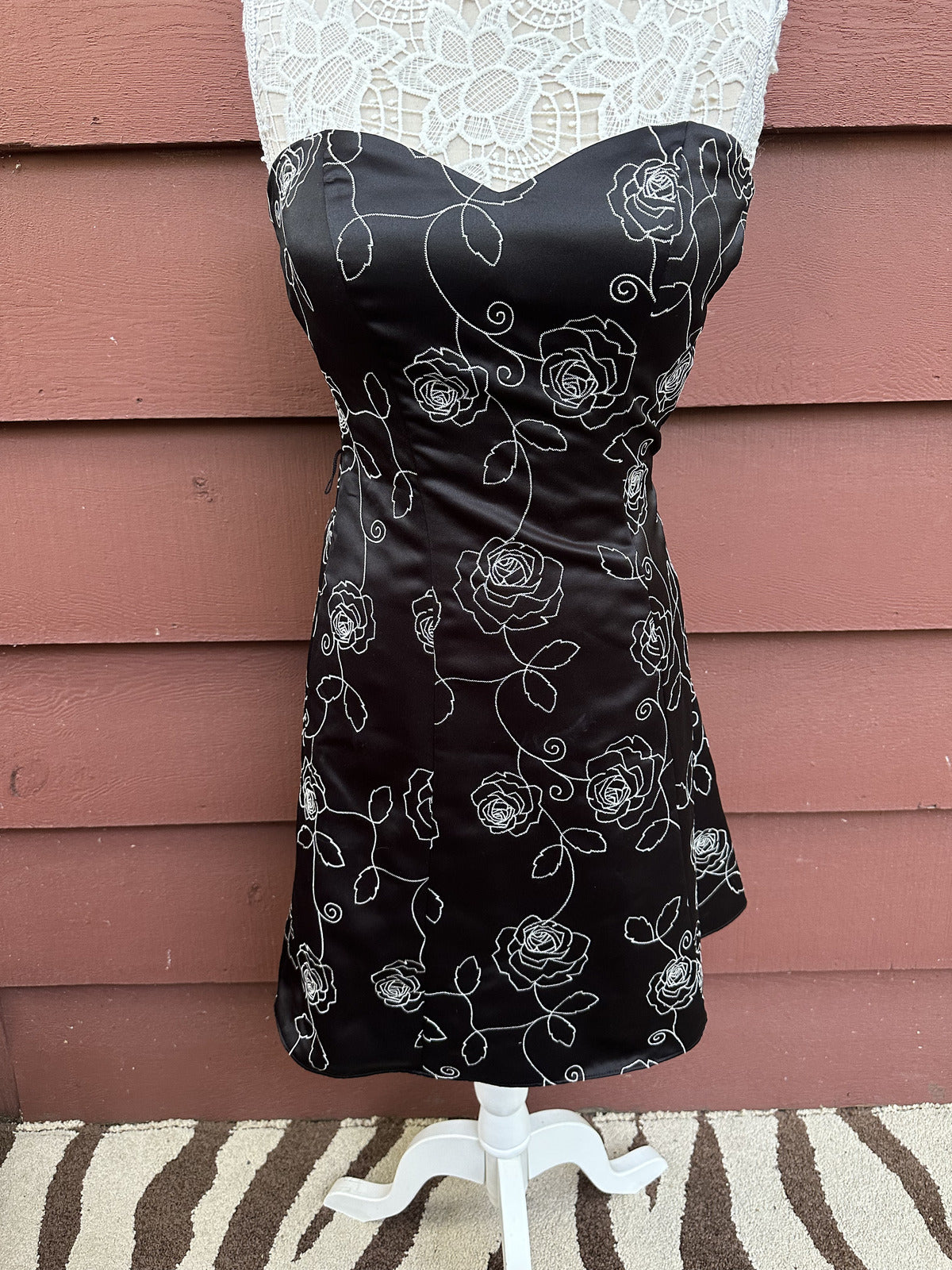White House Black Market Strapless Black Sateen Dress with White Floral Embroide