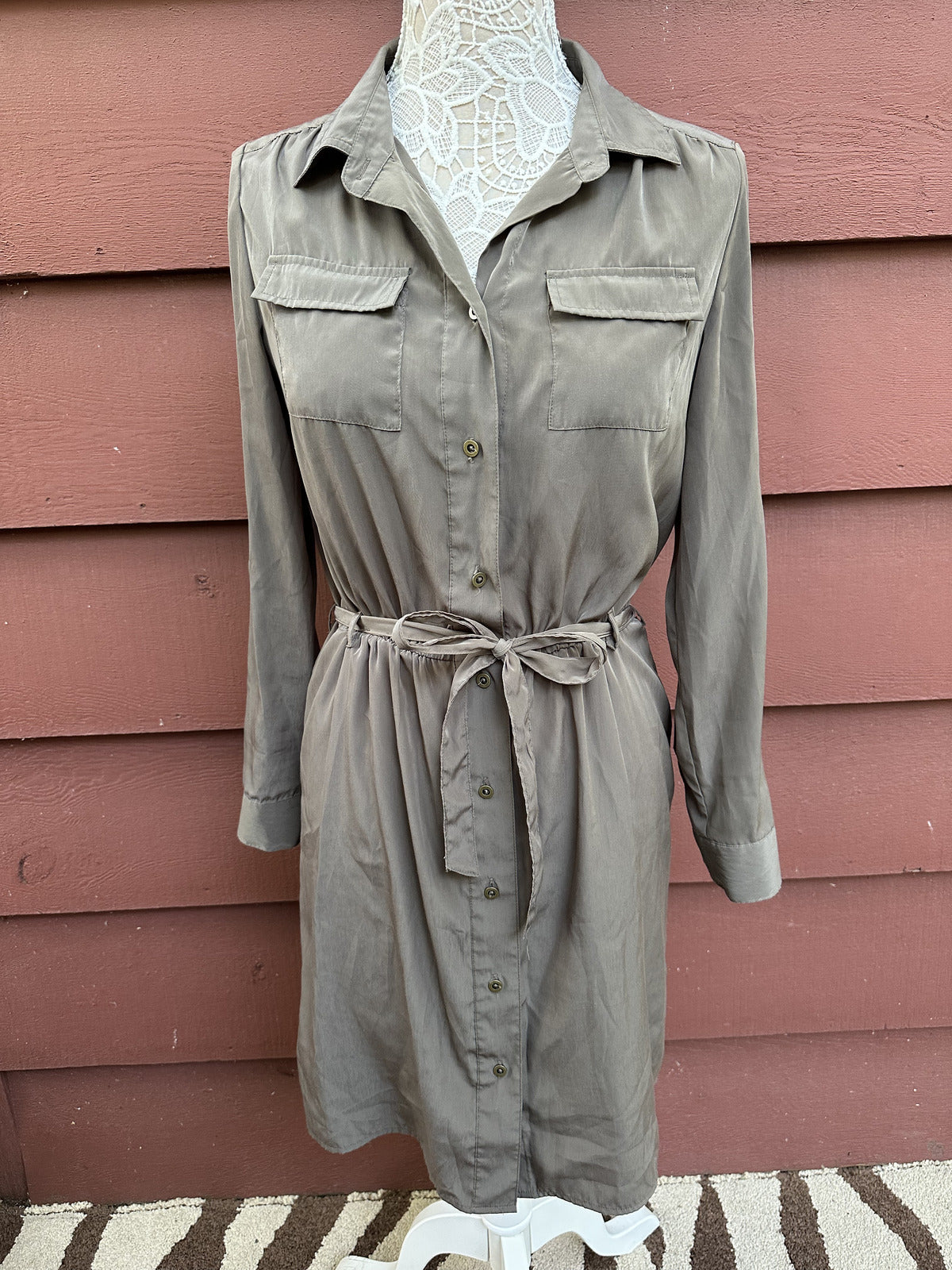 Banana Republic Khaki Green Utility Shirt Dress with Tie Belt