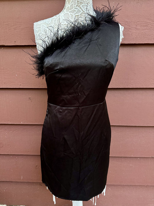 Altar'd State Black Satin One Shoulder Mini Dress with Feather Trim