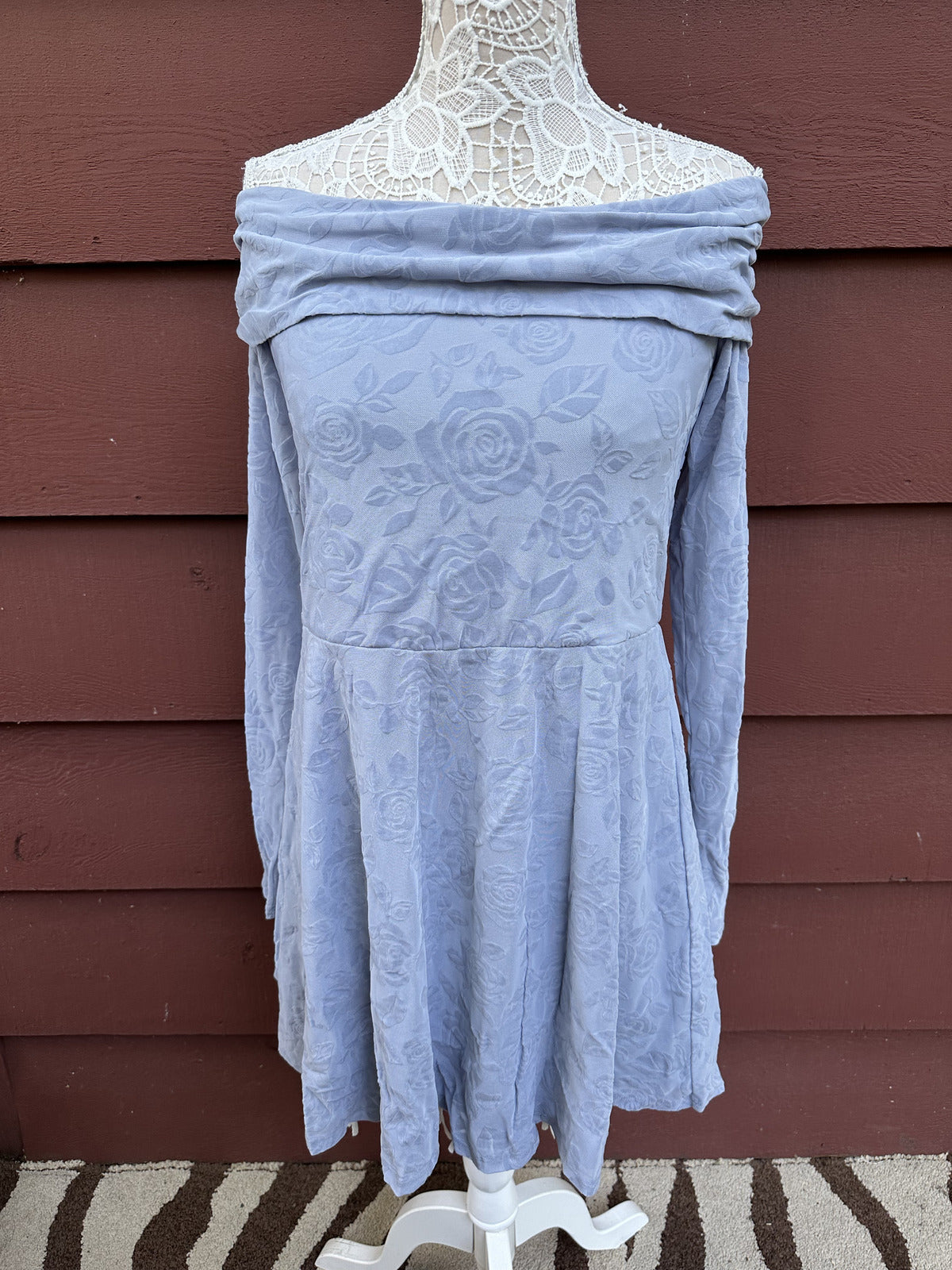 Wild Fable Off the Shoulder Baby Blue Rose Jacquard Mini Dress