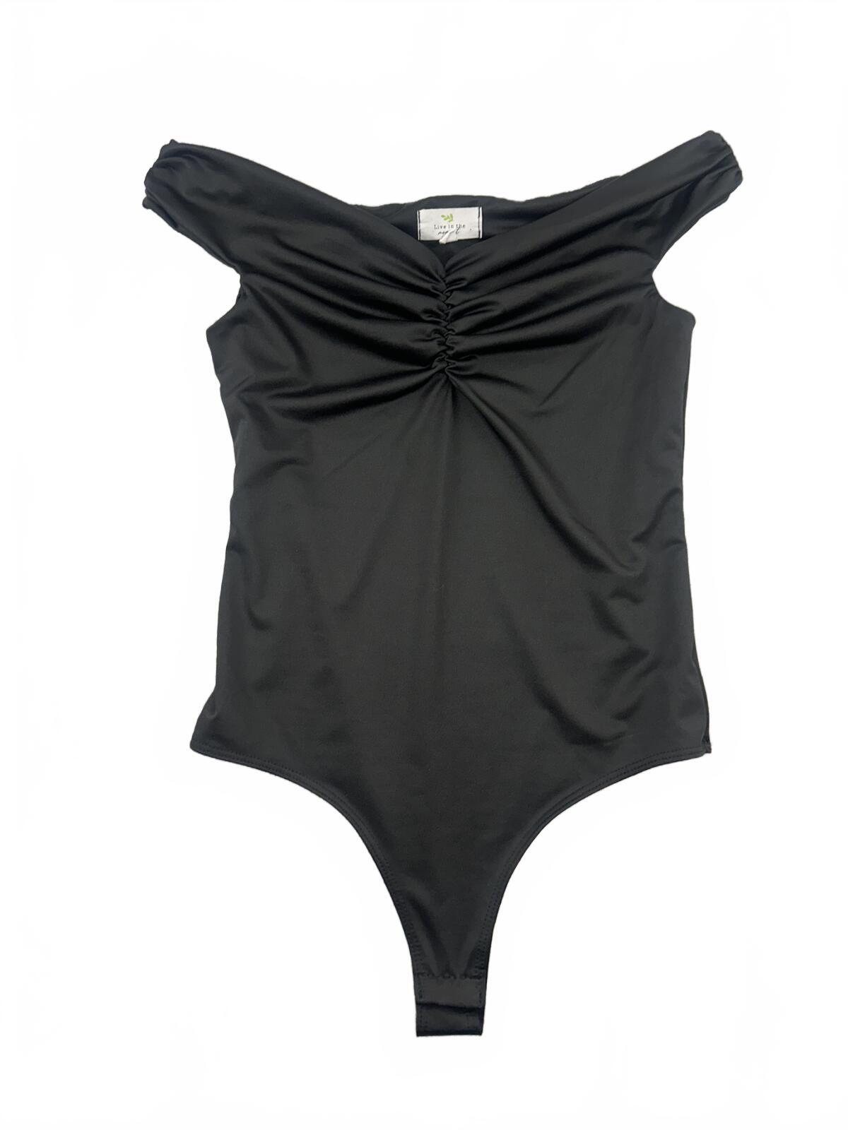 Living in the Moment Black Ruched Off Shoulder Bodysuit