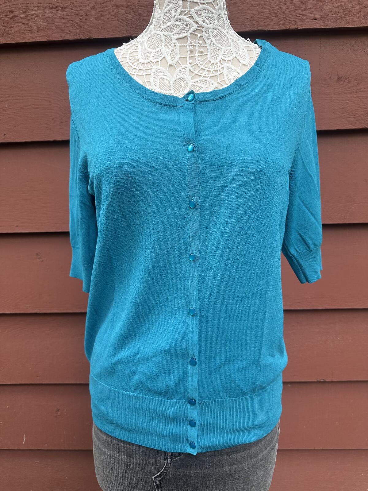 Dressbarn Teal Lightweight Button Up Cardigan Classic Preppy Summer Sweater