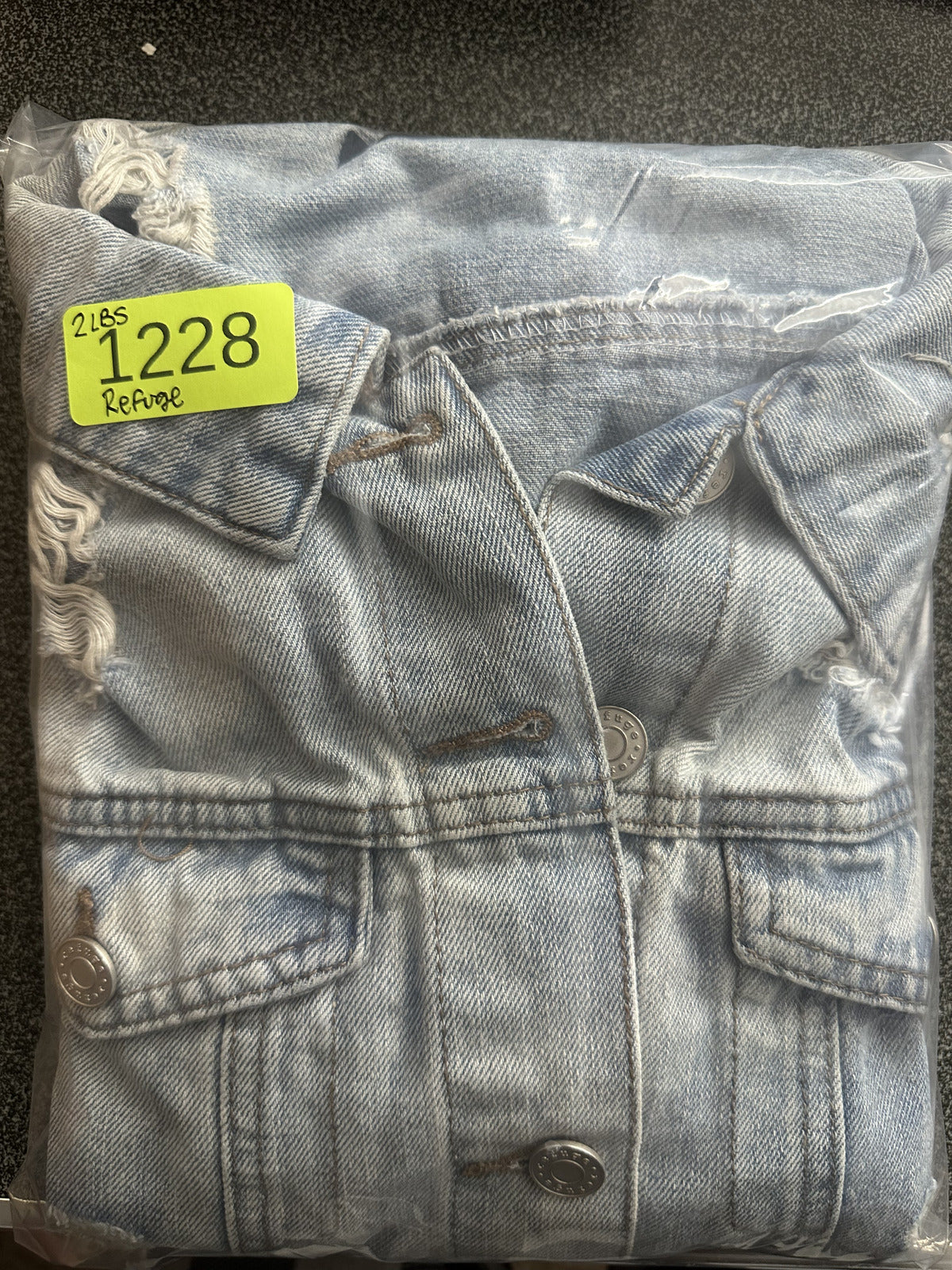 Charlotte Russe Heavy Distressed Light Wash Denim Jacket with Distressed Back