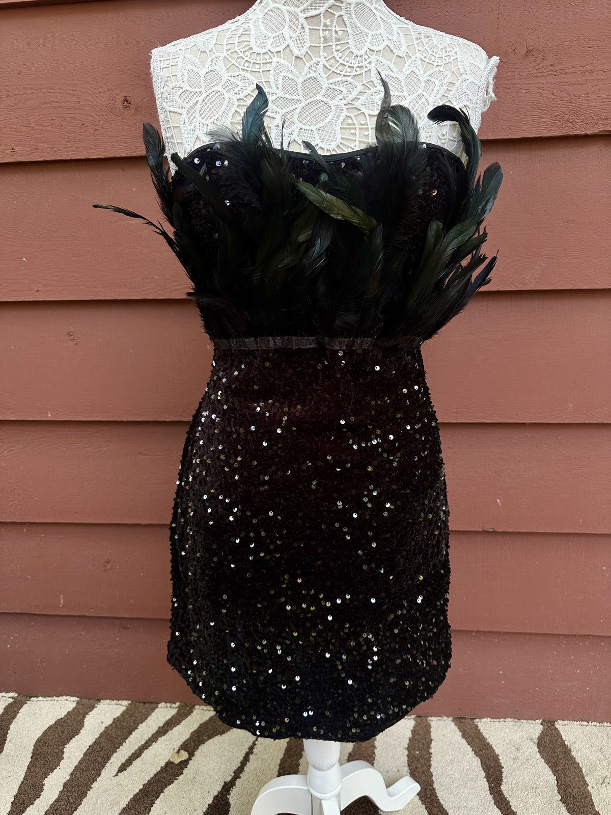 Glam Black Strapless Sequin Dress with Feather Trim NWOT