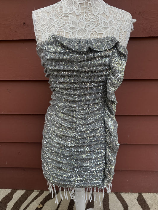 ZARA Silver Sequined Mini Dress Y2K Glam Avant Garde Ruffle Detail Evening