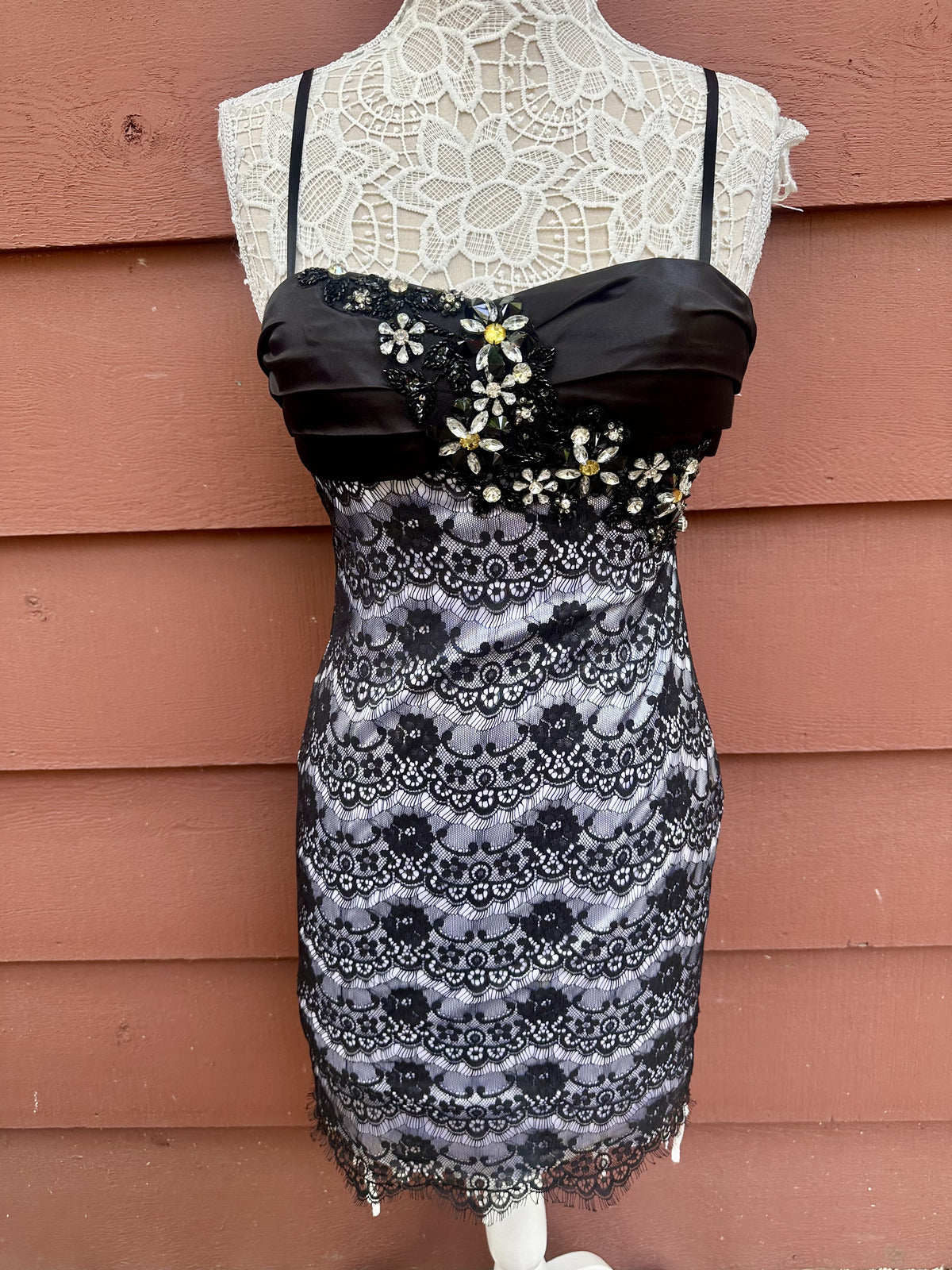 Dave & Johnny Black Pleated Satin Bustier Cocktail Dress with Beaded Floral Lace