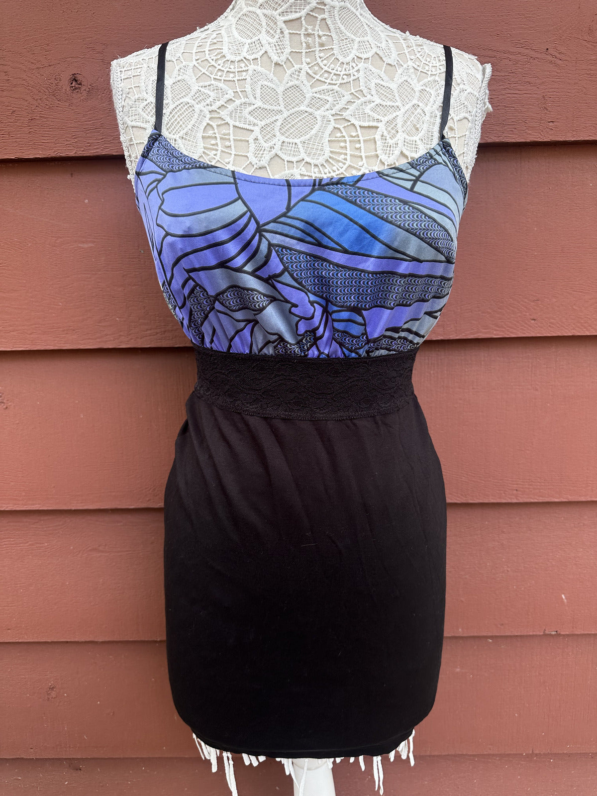 Free People Bold & Banded Mini Dress Black Blue Abstract Pattern Lace Waist Y2K