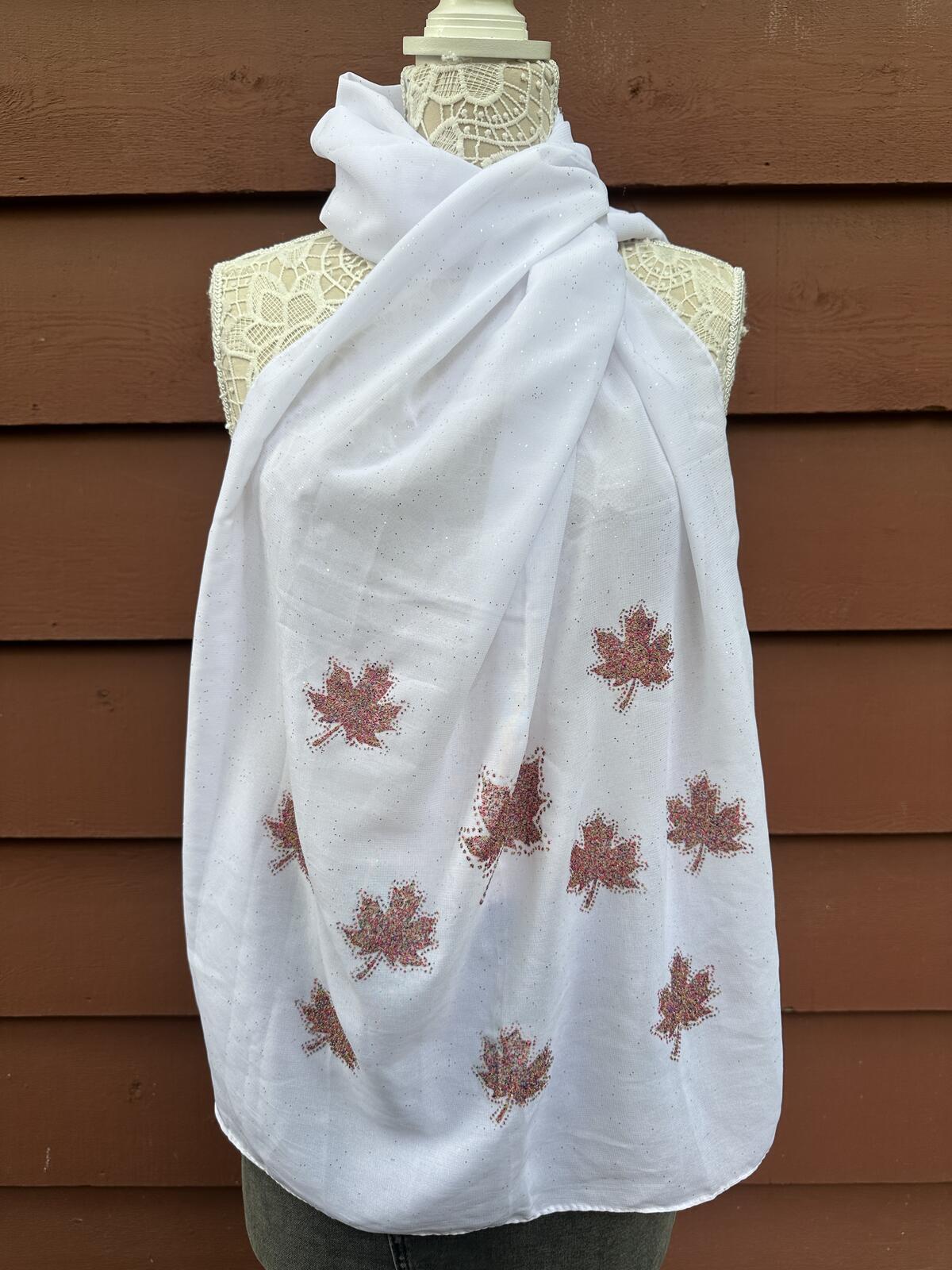 Farnas White Maple Leaf Embroidered Scarf