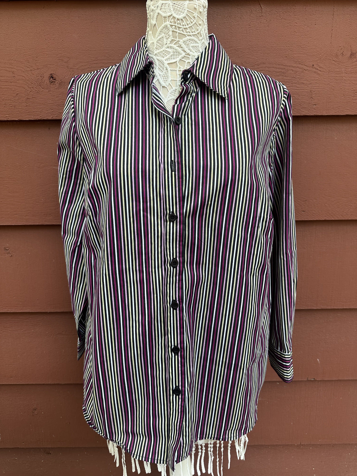 Roaman's Vintage Striped Button Up Shirt Purple White Retro