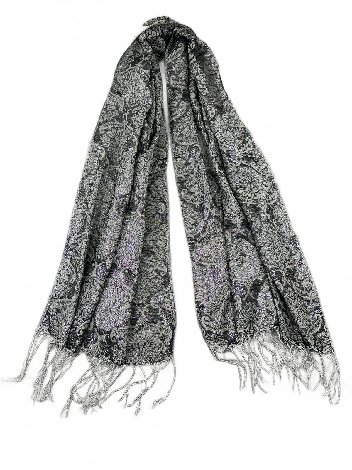 Gray Damask Pattern Scarf with Fringe