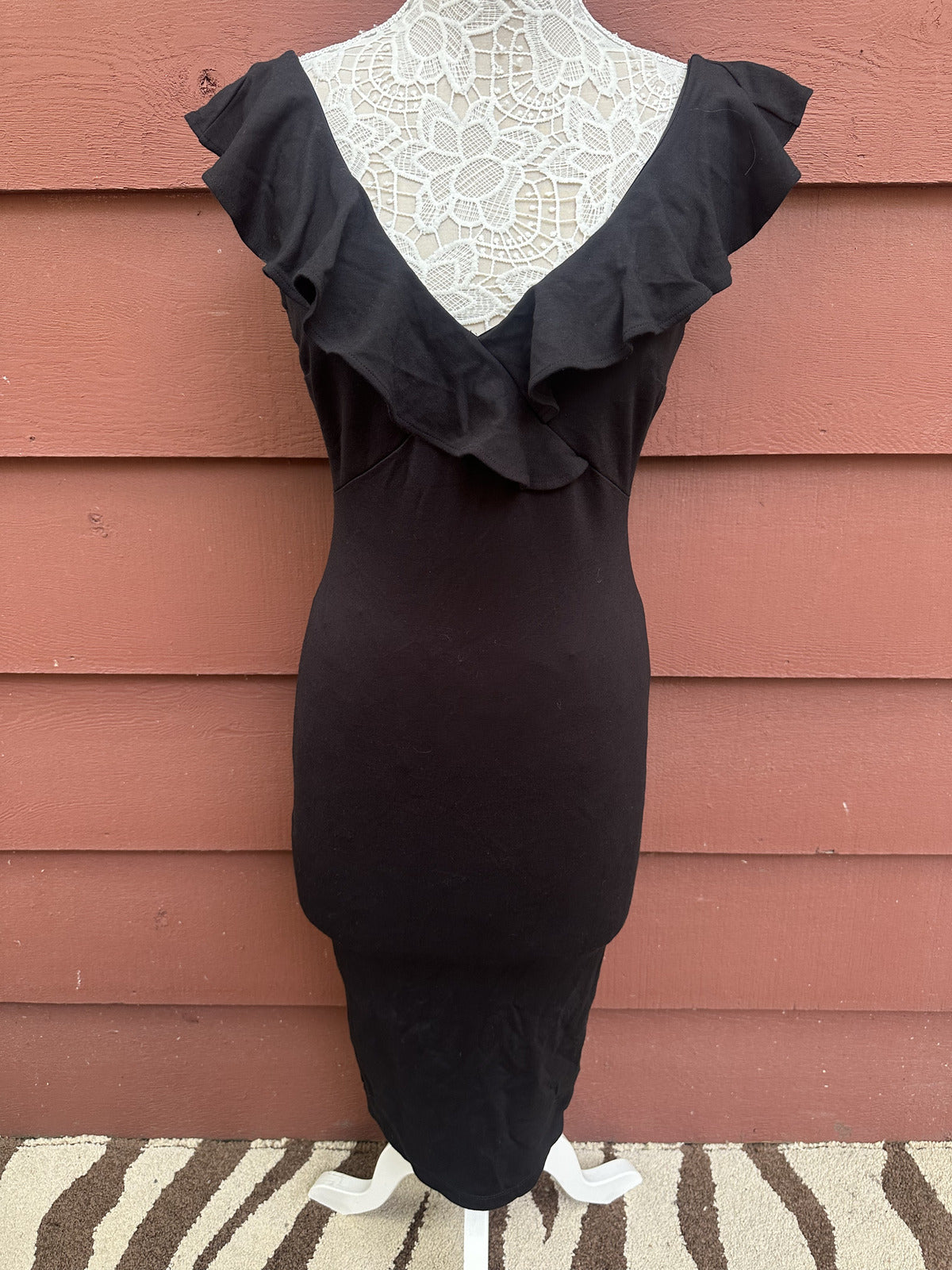 Lulus Persuasion Black Bodycon Midi Dress Ruffled Straps Elegant Stretchy