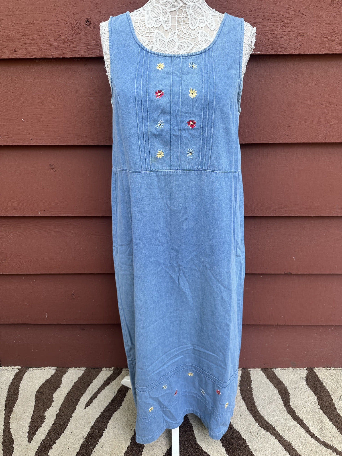 Cricket Lane Collection Vintage Denim Dress with Floral Embroidery