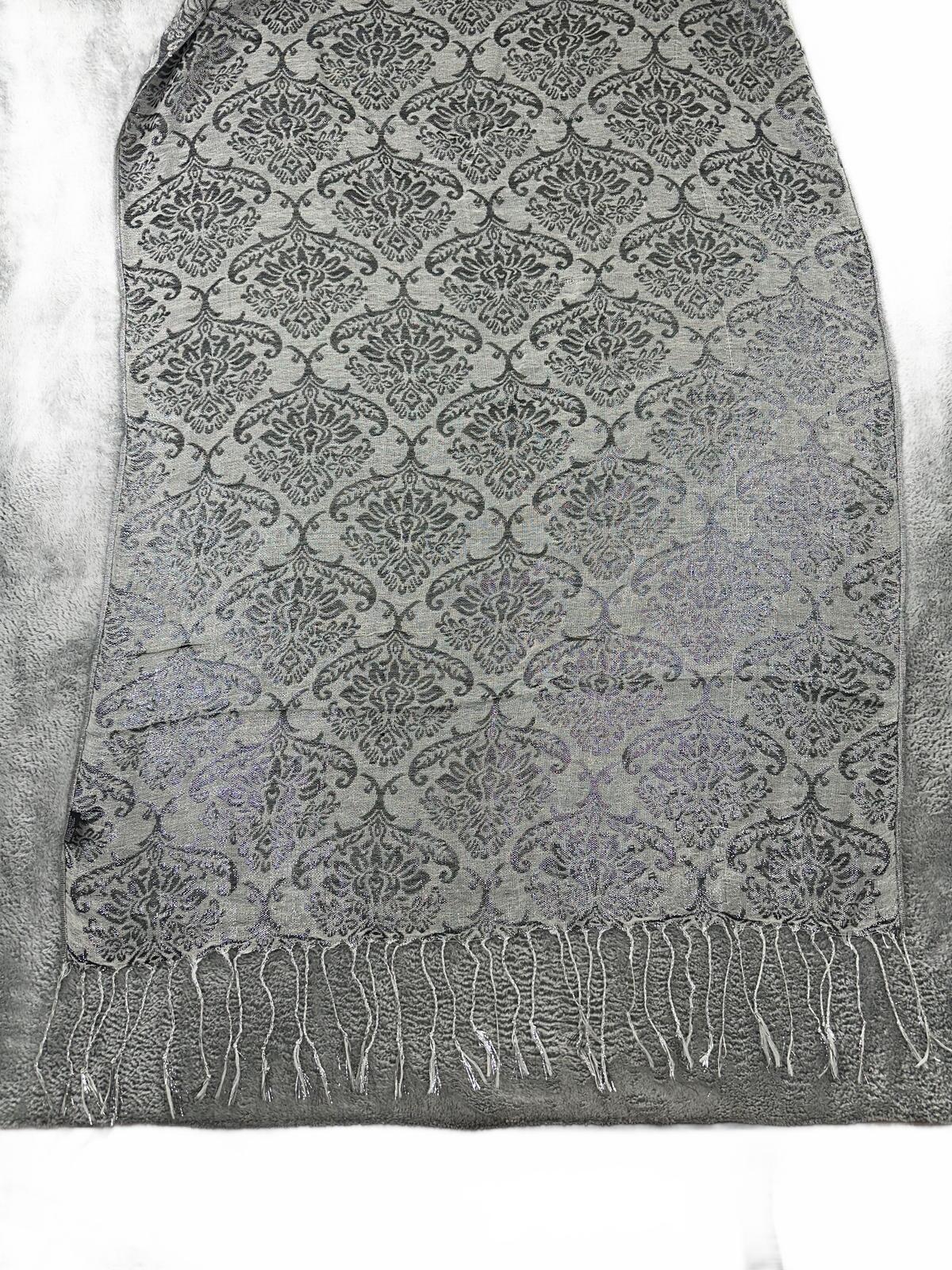 Gray Damask Pattern Scarf with Fringe