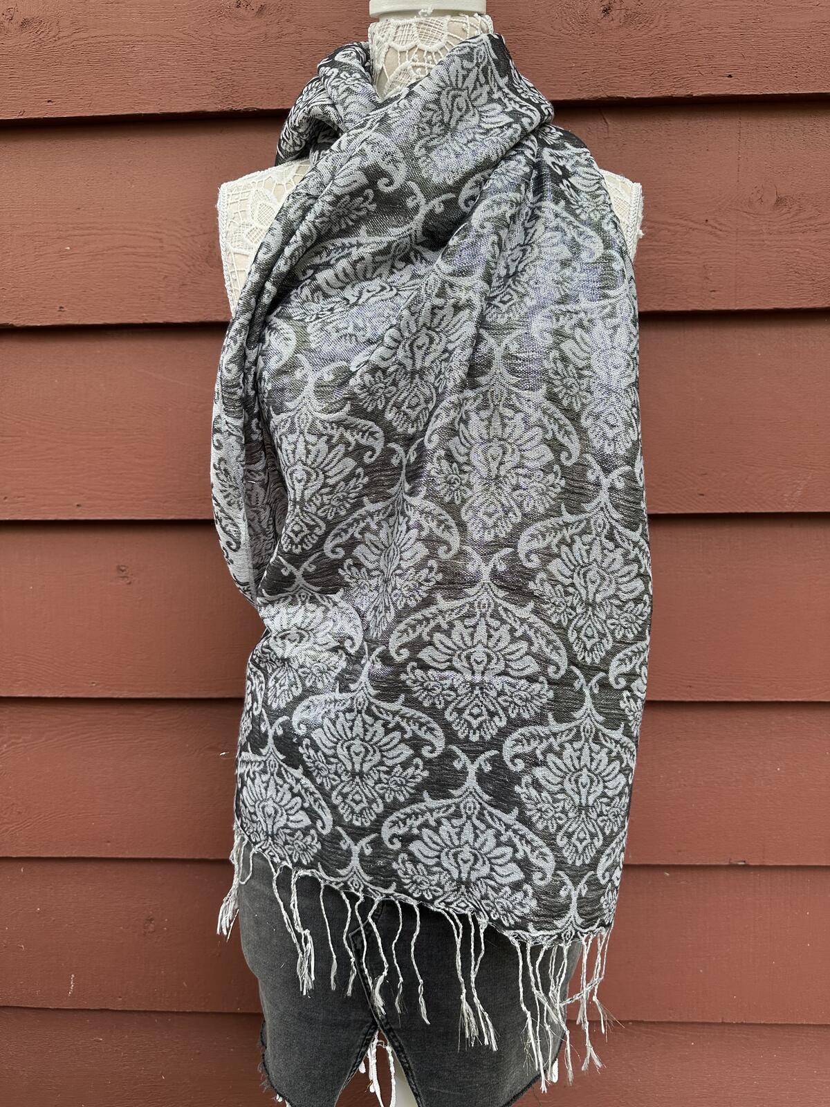 Gray Damask Pattern Scarf with Fringe