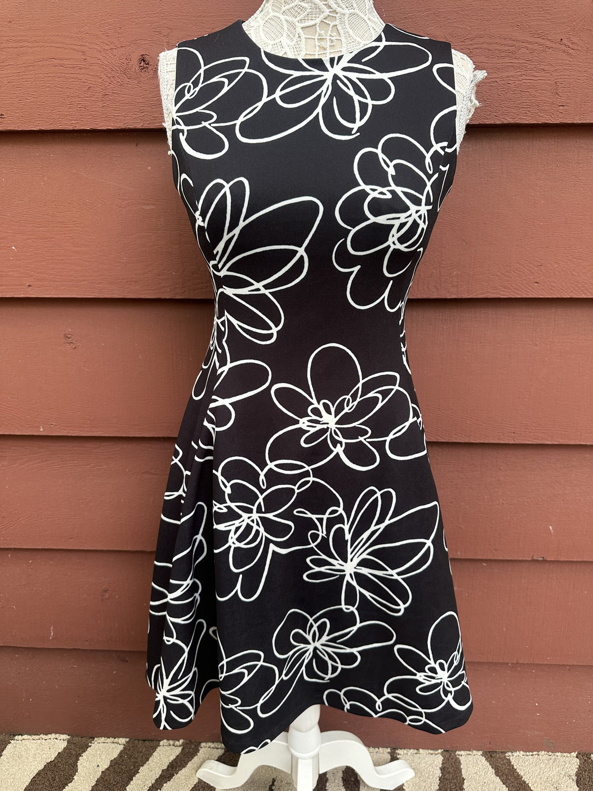 DKNY Sleeveless Fit and Flare Dress Black with White Floral Print