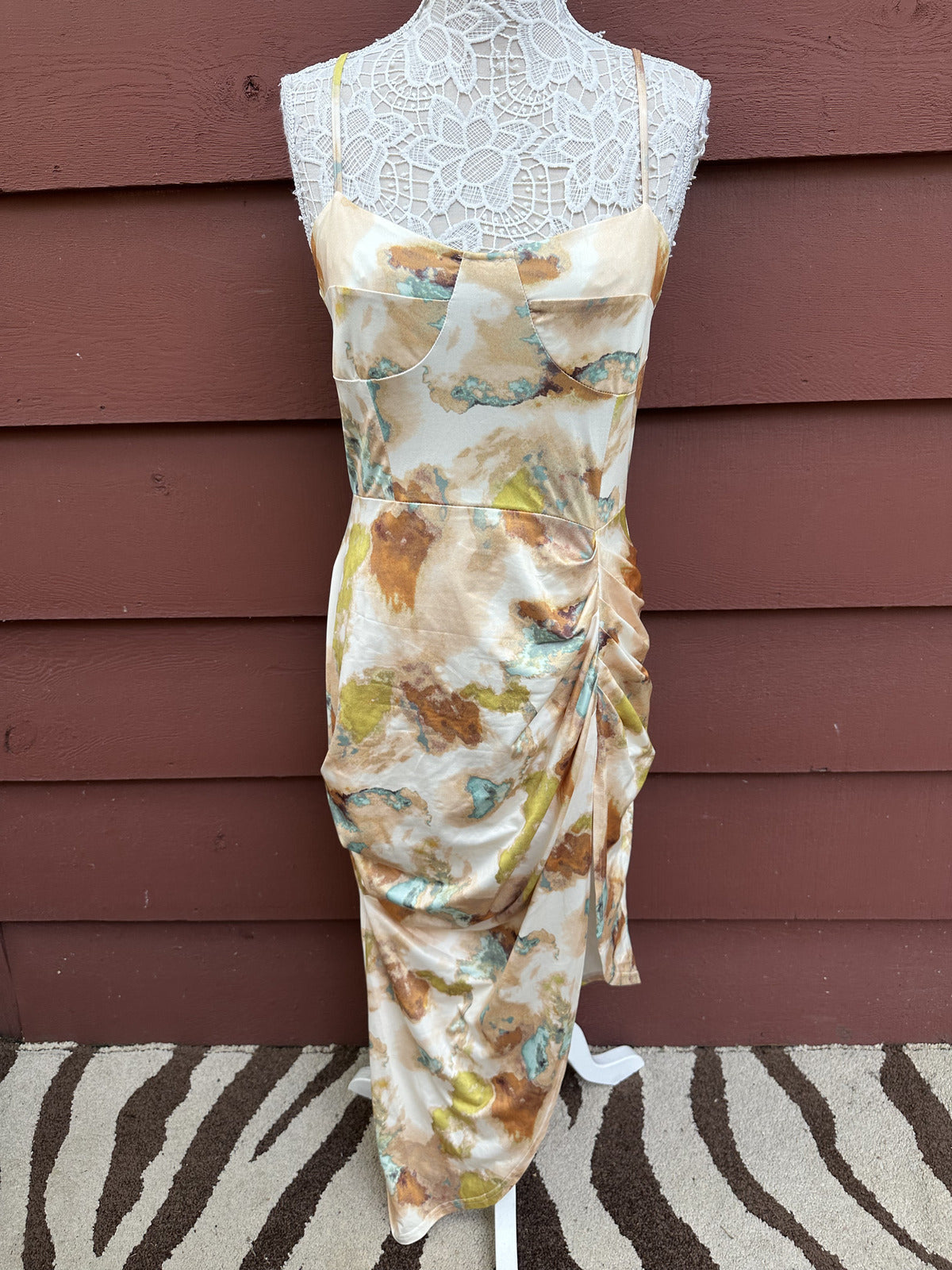 Ruched Abstract Midi Slip Dress Yellow Green Artistic Print