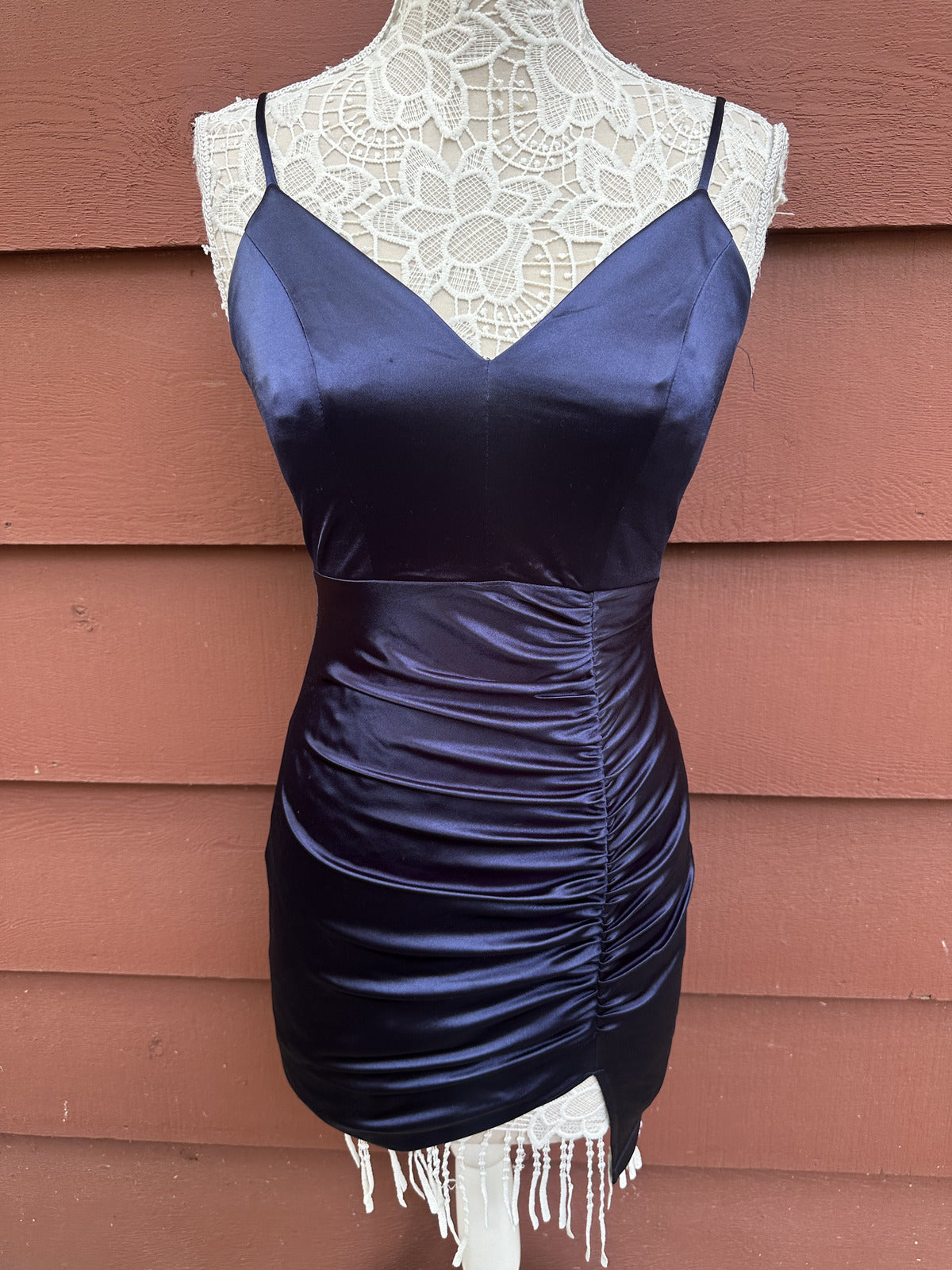 Emerald Sundae Navy Blue Satin Mini Dress with Ruched Detailing