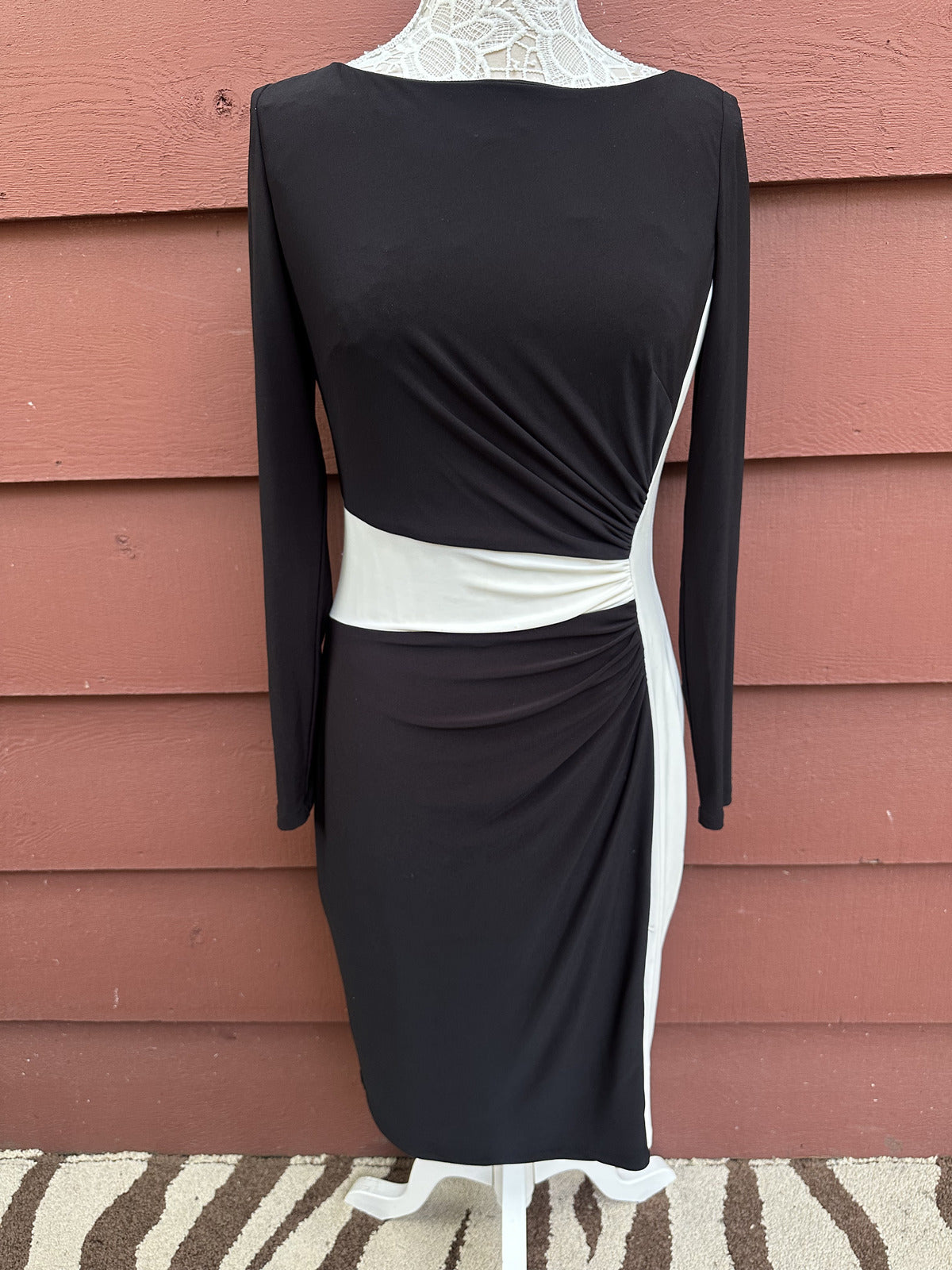 Lauren Ralph Lauren Two Tone Black and Cream Sheath Dress Long Sleeve