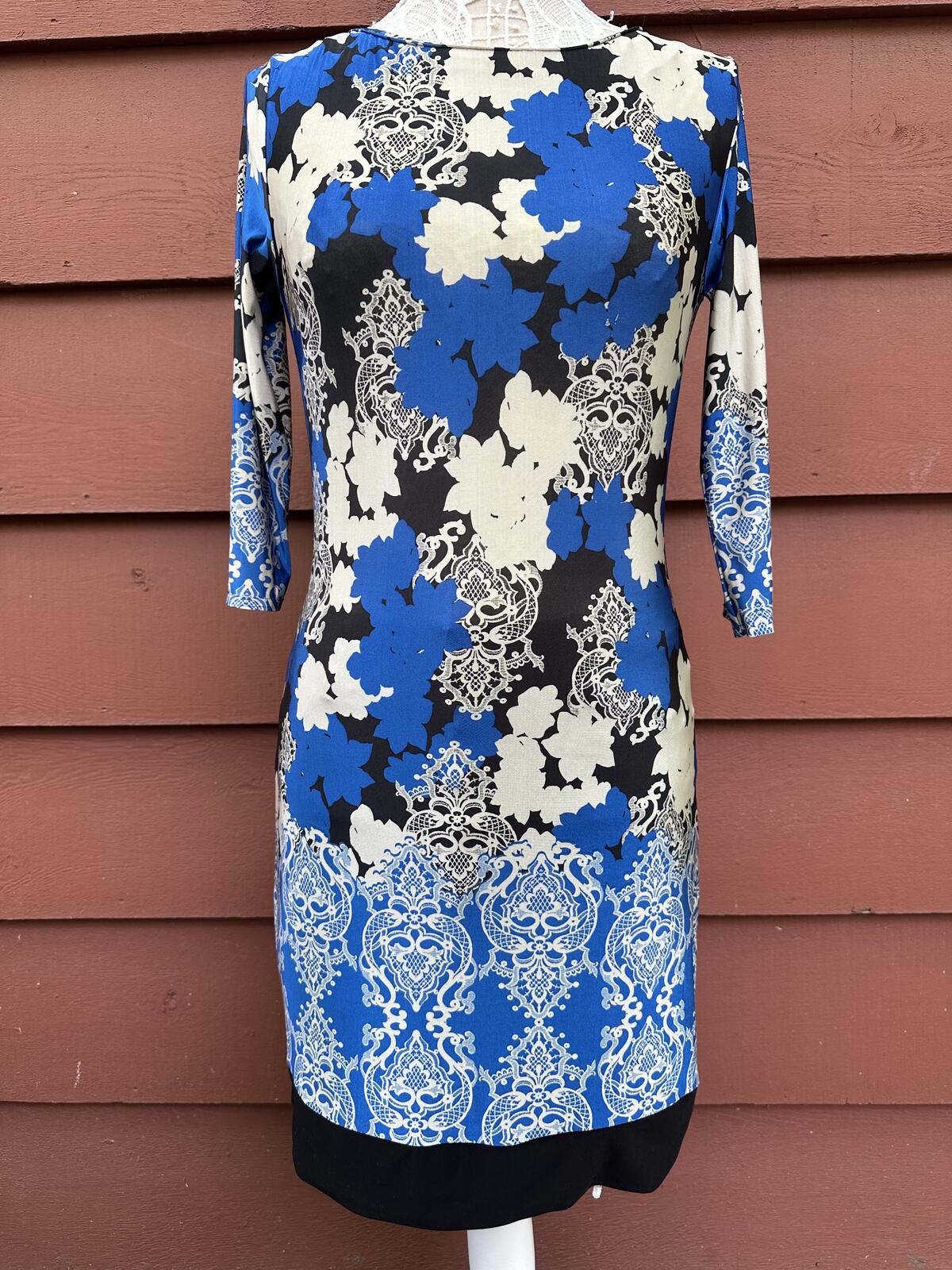 Atmosphere Blue Black Floral Damask Patterned Mini Dress