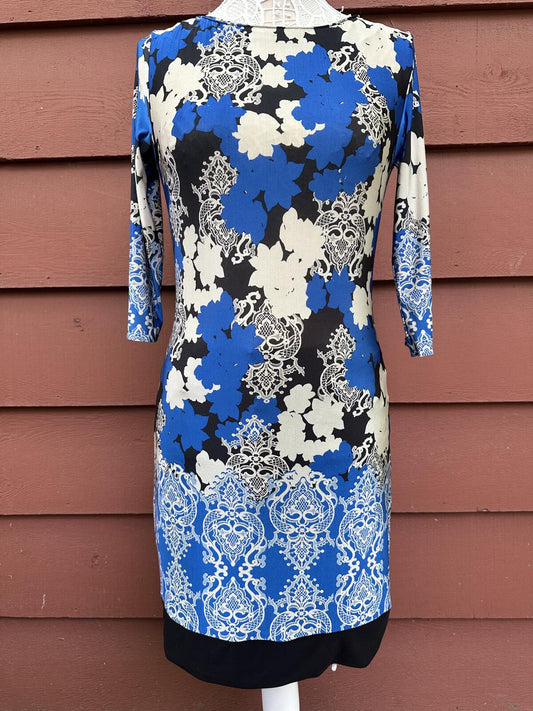 Atmosphere Blue Black Floral Damask Patterned Mini Dress