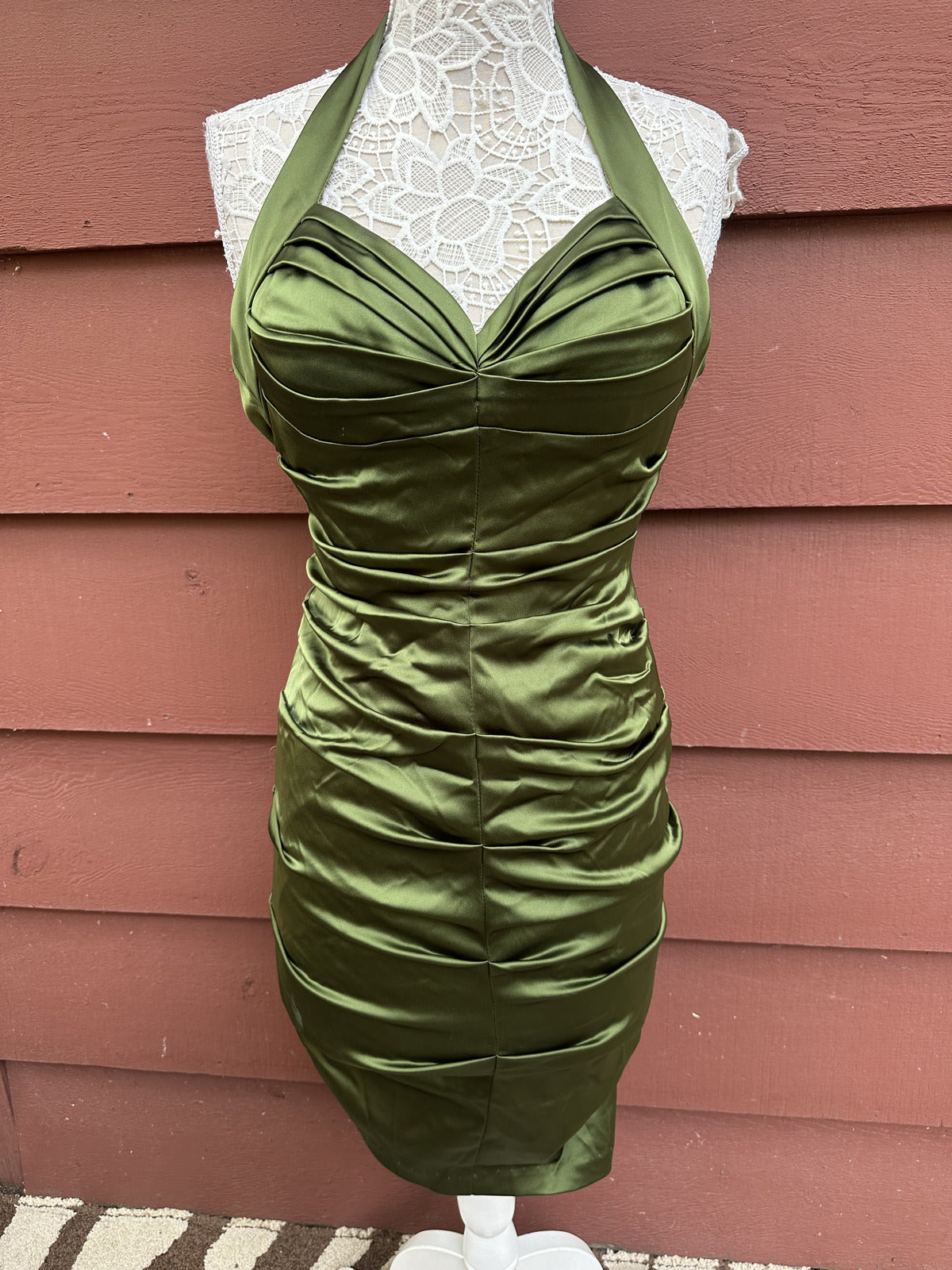 Betsy & Adam Green Satin Halter Dress Y2K Midi Ruched Glam Fit