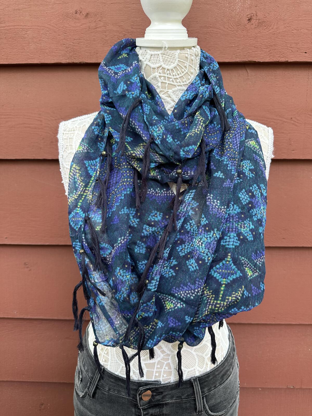 Bohemian Navy Blue Patterned Infinity Scarf with Fringe