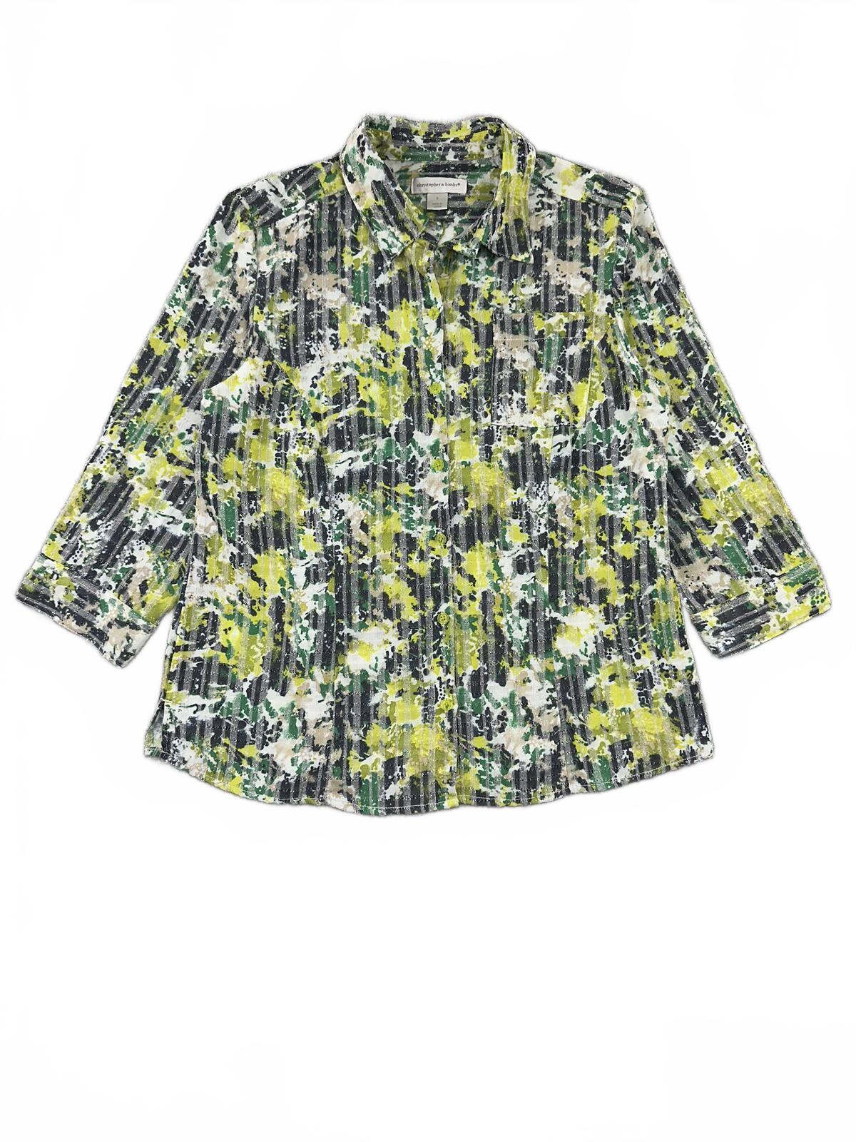 Christopher & Banks Floral Button Down Blouse Yellow Green Textured Stripe 3/4