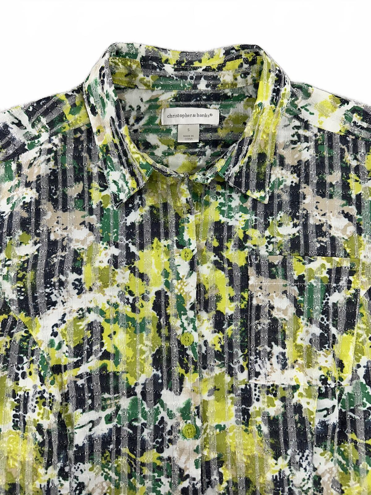 Christopher & Banks Floral Button Down Blouse Yellow Green Textured Stripe 3/4