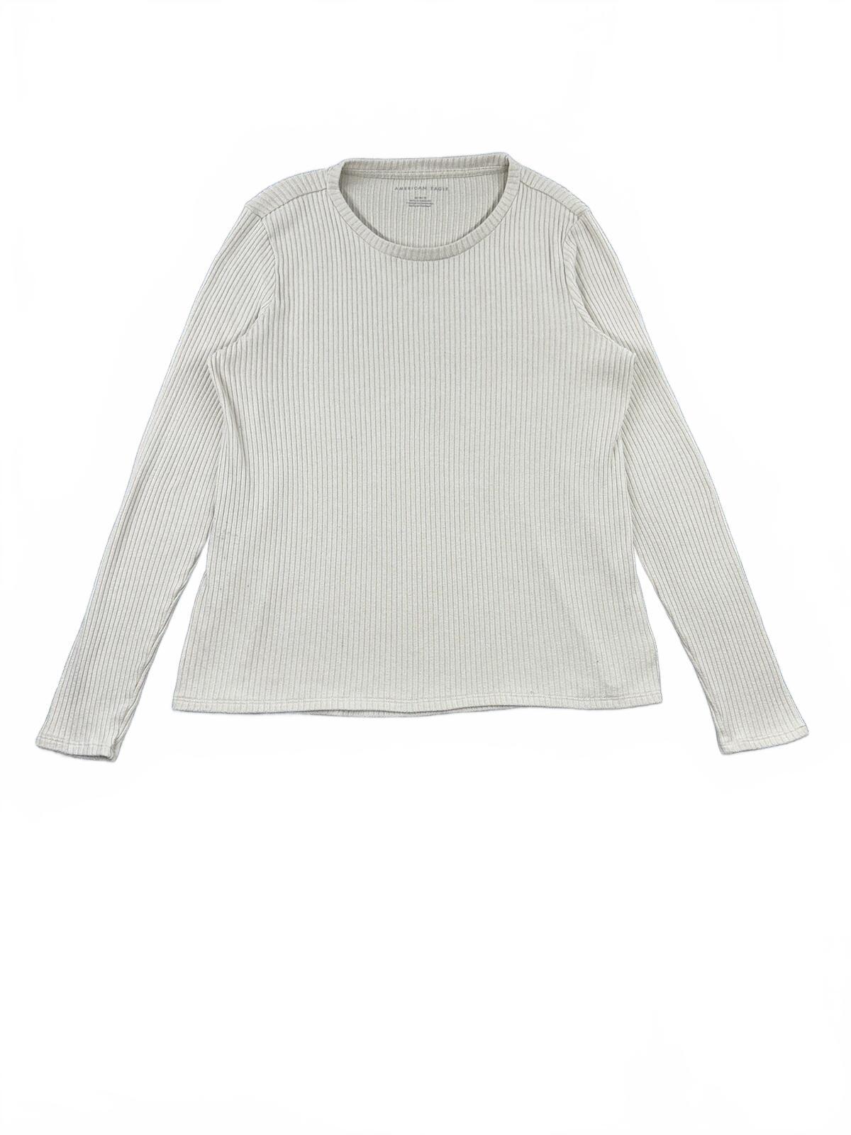 American Eagle Cream Ribbed Long Sleeve Top Casual Minimalist Layering