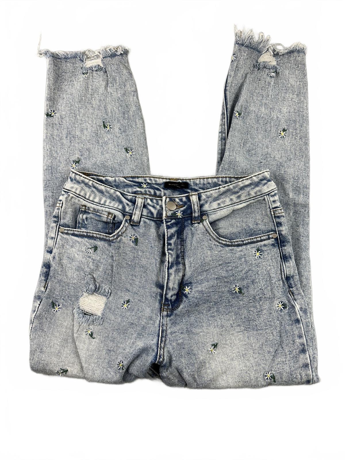 Material Girl Daisy Distressed Mom Jeans Blue High Rise Vintage Y2K Embroidered