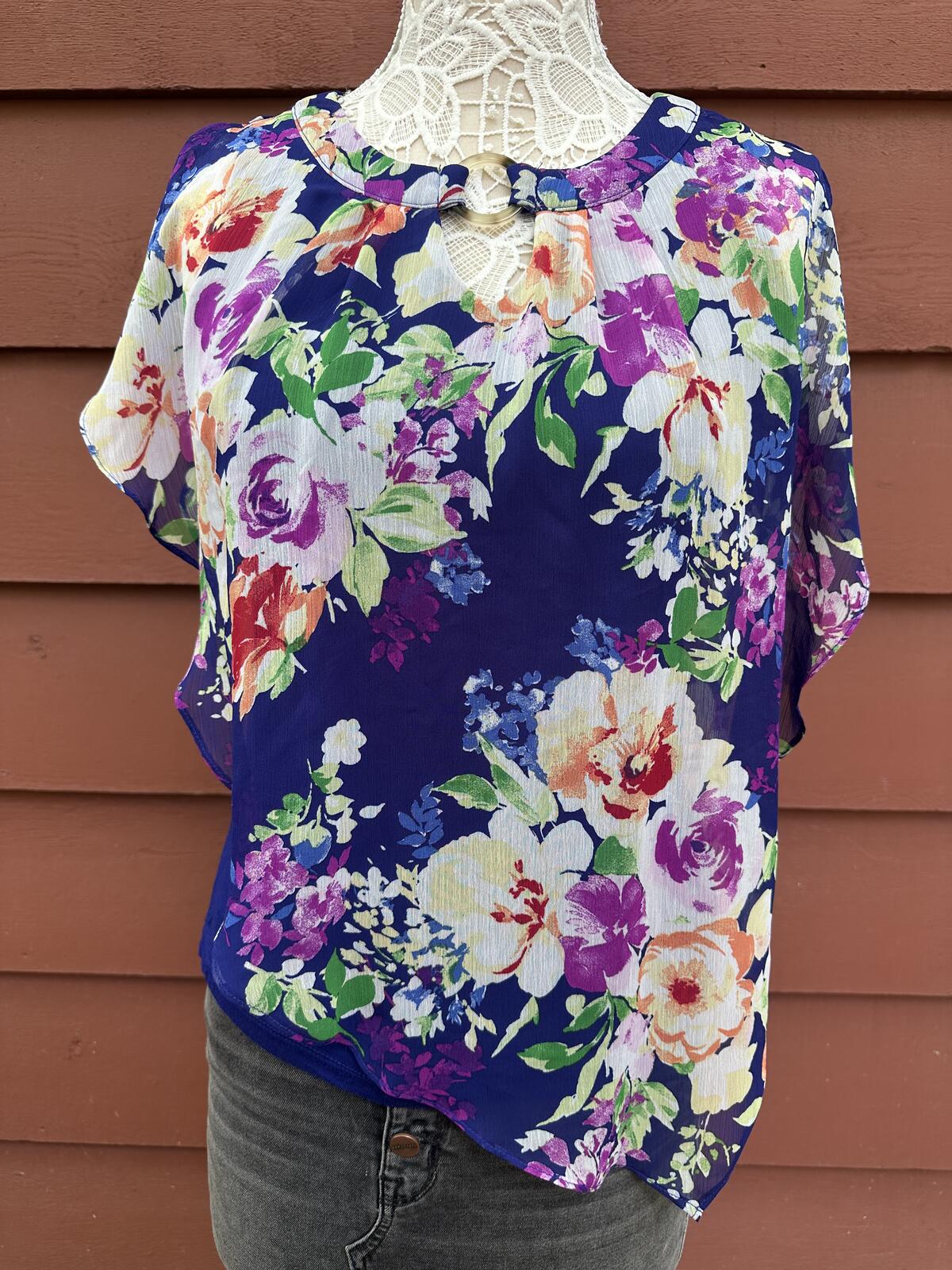 Apt. 9 Floral Sheer Overlay Top with Navy Base