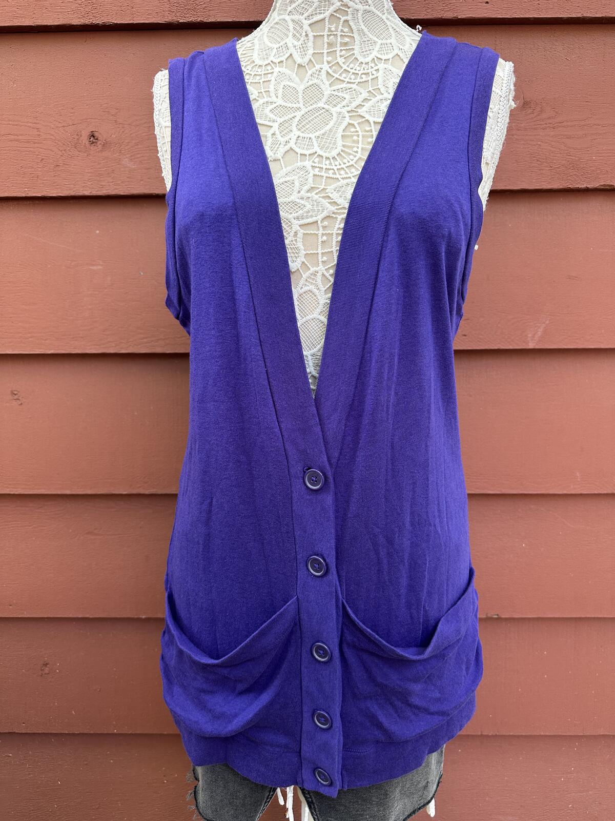 Express Purple Sleeveless Vest Top Button Up Deep V Neckline