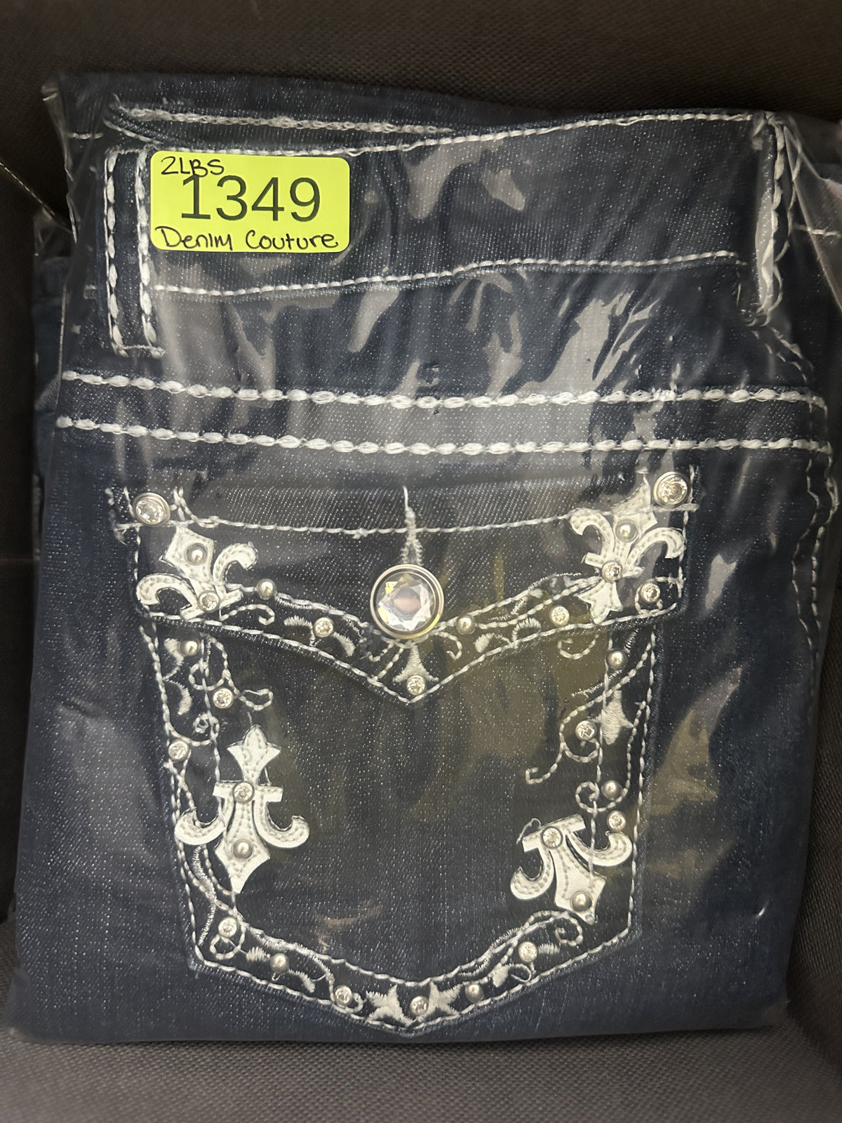 Denim Couture Blue Flare Jeans with Fleur de Lis Embroidered Pockets