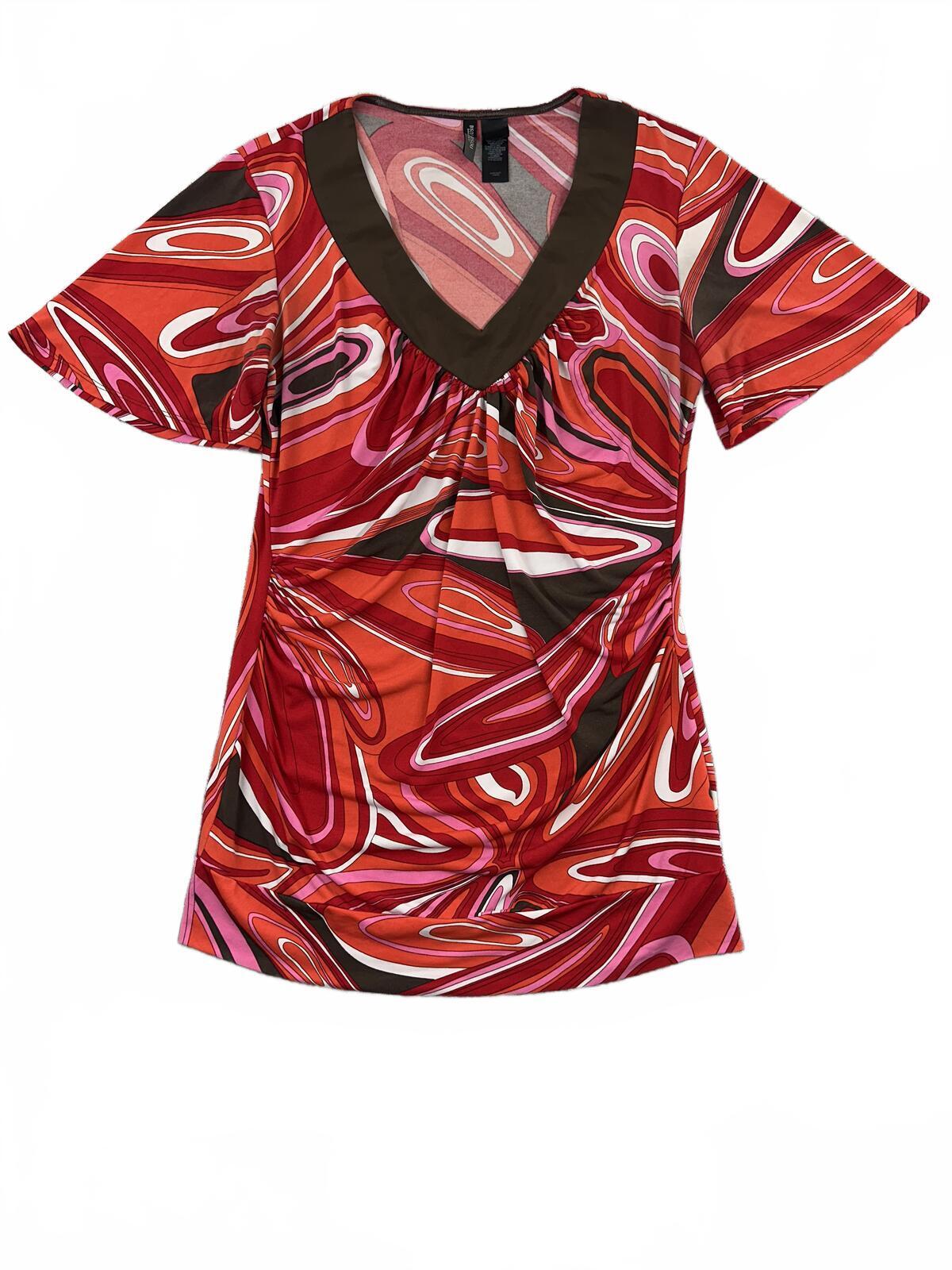 BISOU BISOU Vintage 70s Inspired Red Brown Abstract Swirl Print Mini Dress