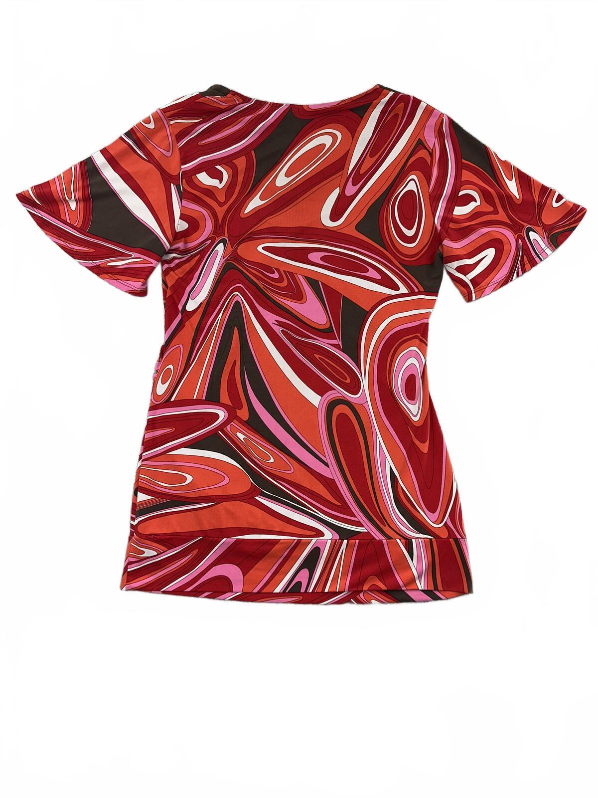BISOU BISOU Vintage 70s Inspired Red Brown Abstract Swirl Print Mini Dress