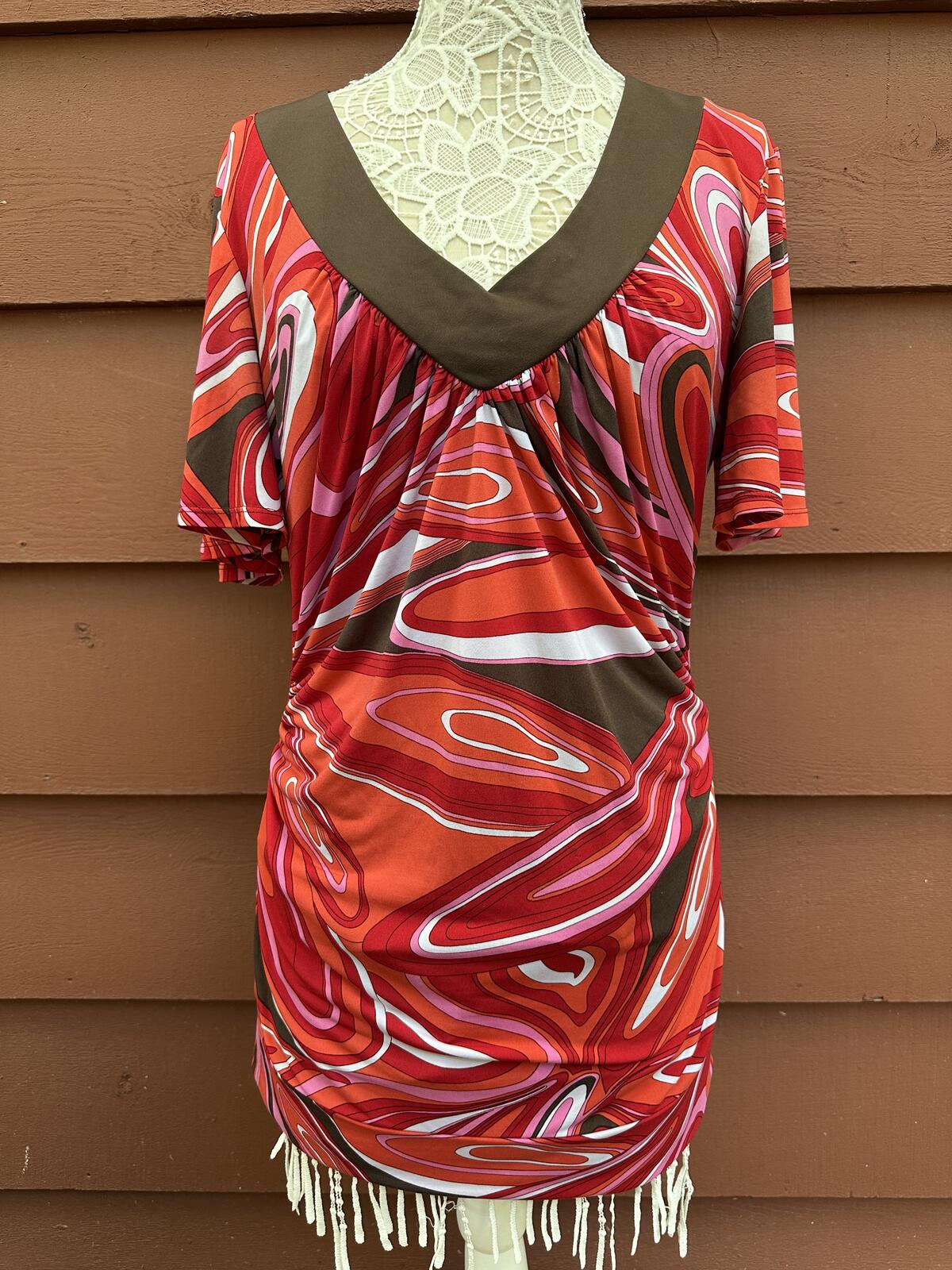 BISOU BISOU Vintage 70s Inspired Red Brown Abstract Swirl Print Mini Dress