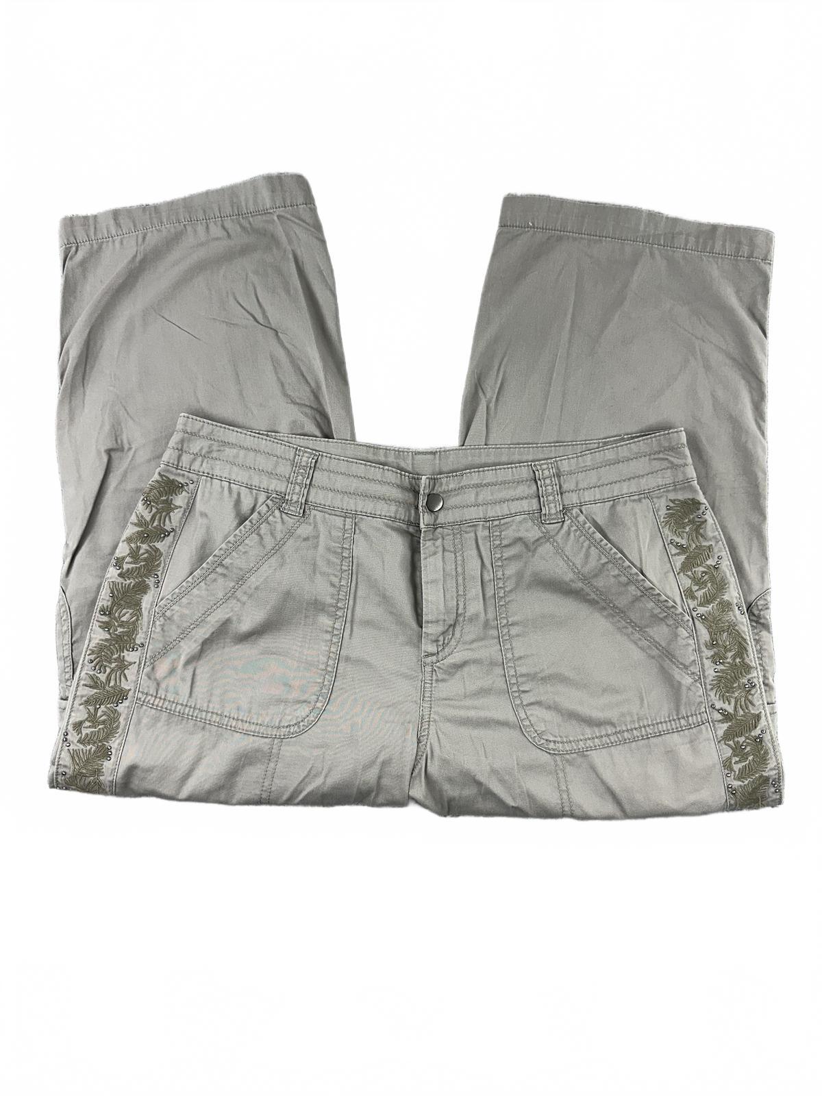 Y2K Khaki Gray Cropped Cargo Pants with Embroidered Side Detail
