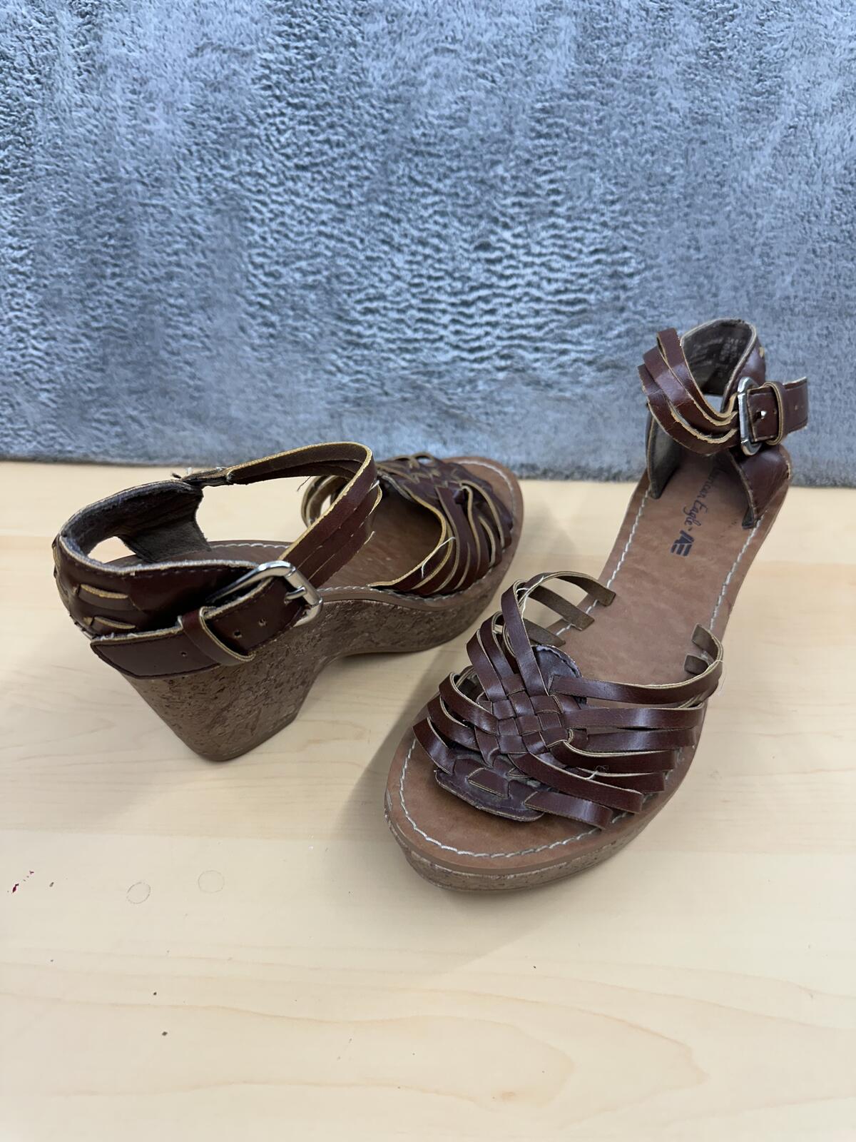 American Eagle Brown Leather Woven Wedge Sandals Boho Vintage Style