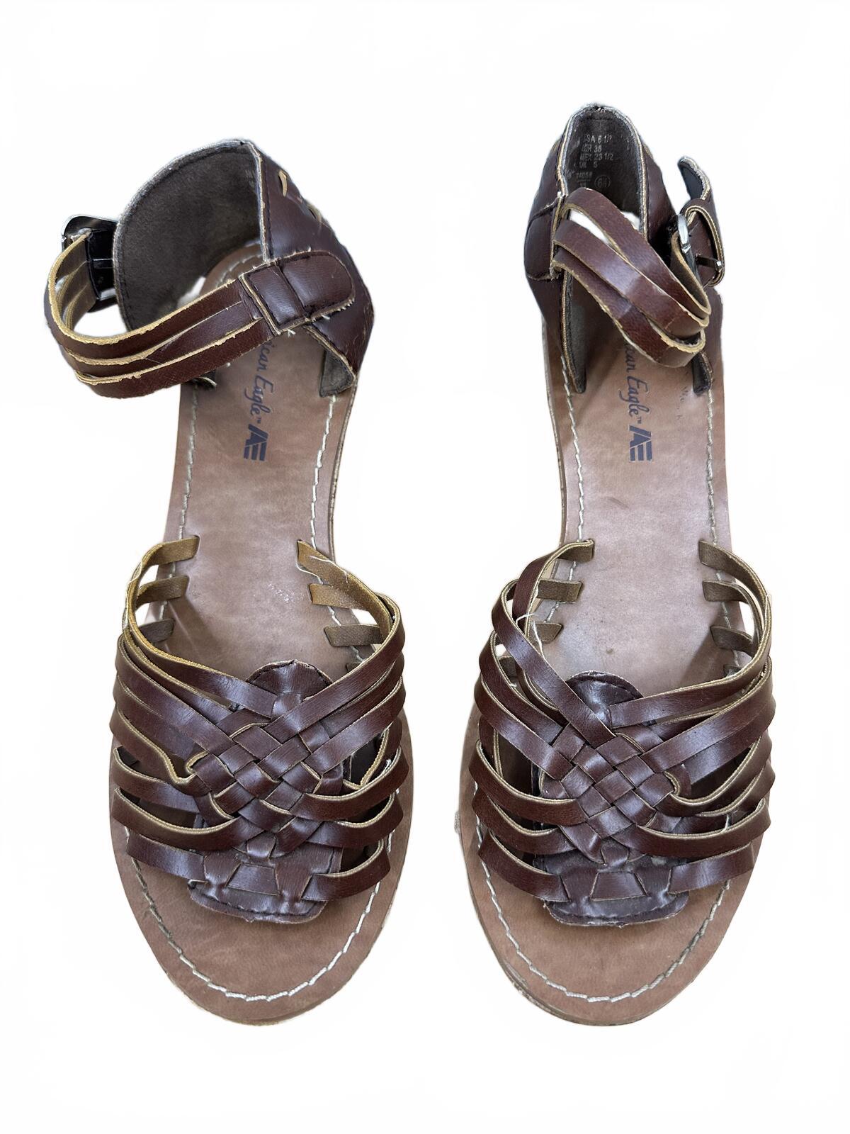 American Eagle Brown Leather Woven Wedge Sandals Boho Vintage Style