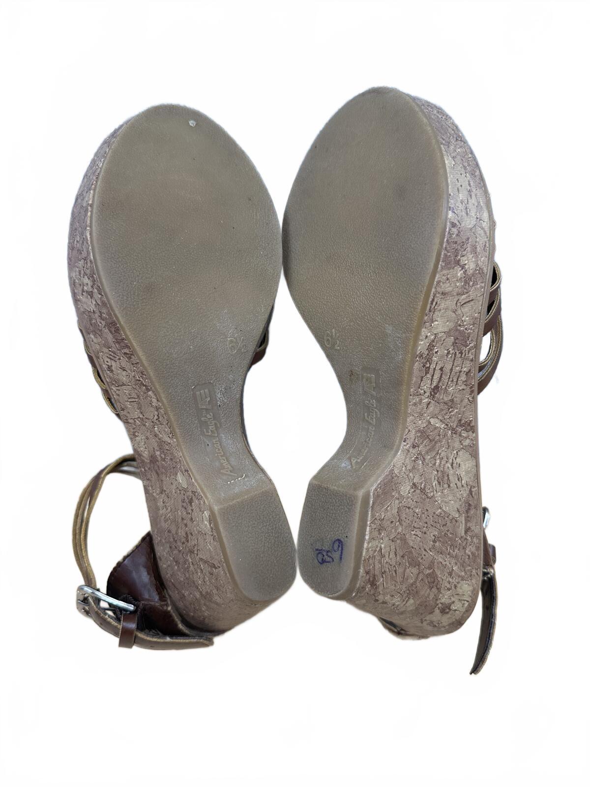 American Eagle Brown Leather Woven Wedge Sandals Boho Vintage Style