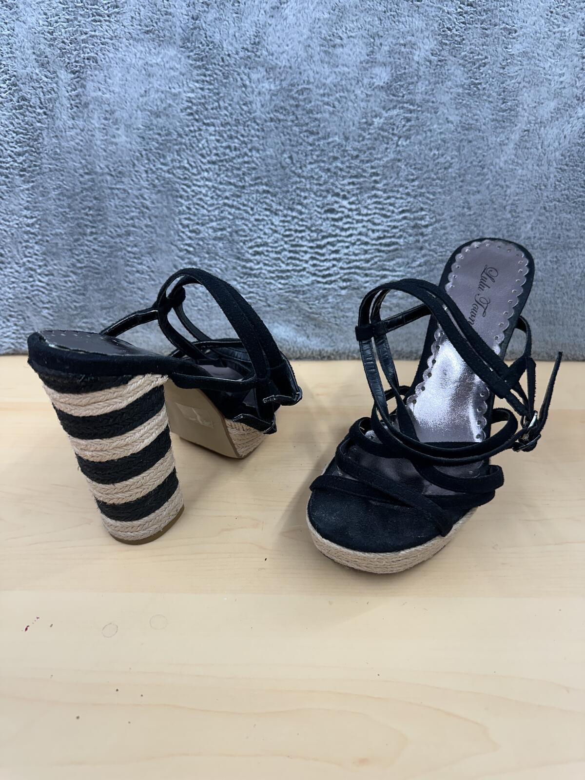 Lulu Townsend Black Strappy Espadrille Heels with Striped Block Heel