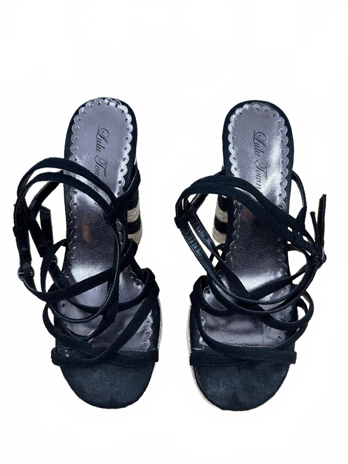 Lulu Townsend Black Strappy Espadrille Heels with Striped Block Heel