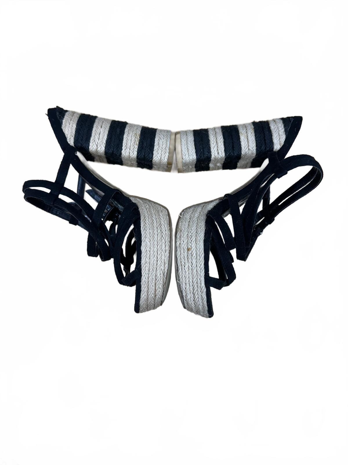 Lulu Townsend Black Strappy Espadrille Heels with Striped Block Heel