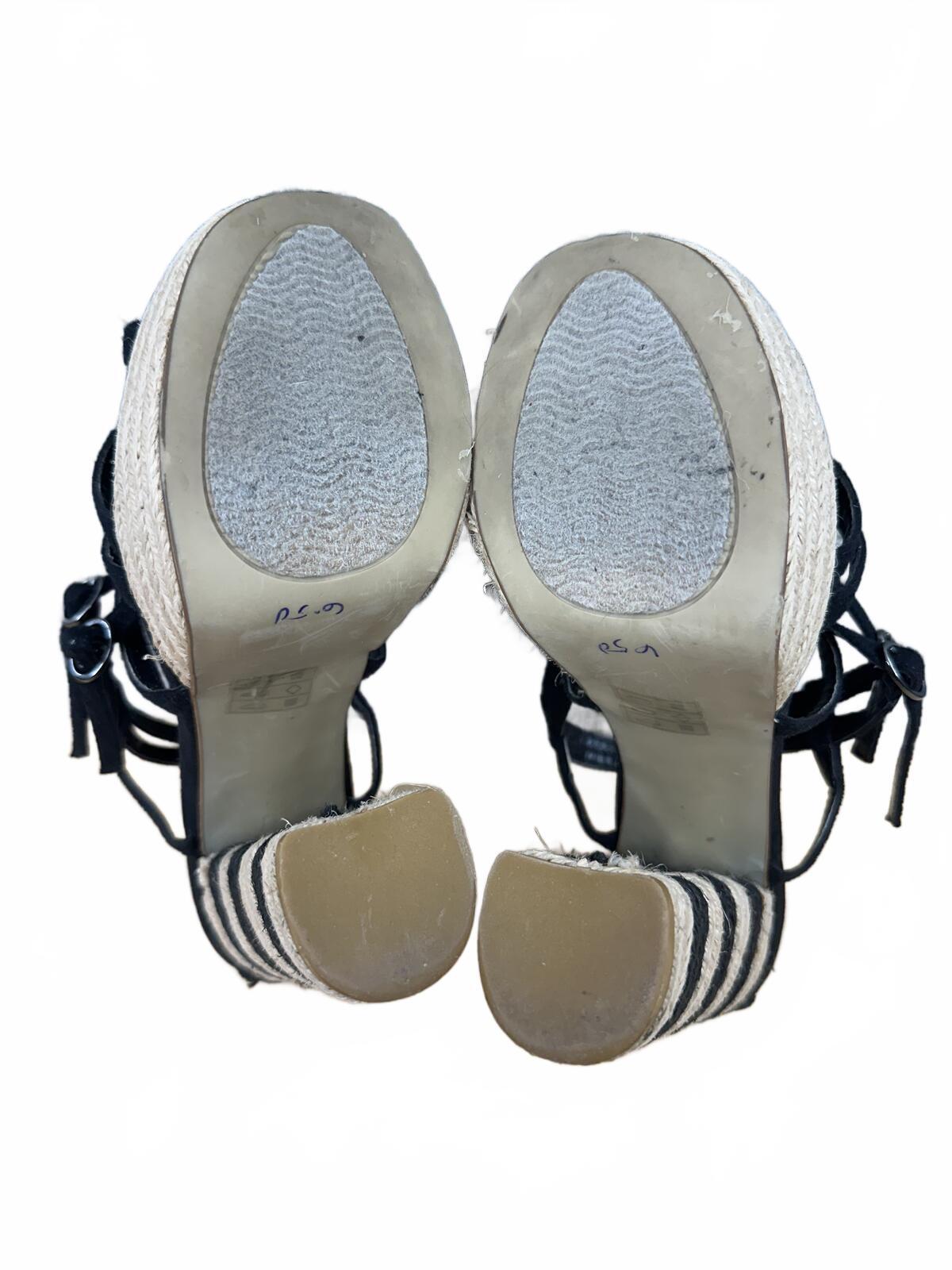 Lulu Townsend Black Strappy Espadrille Heels with Striped Block Heel