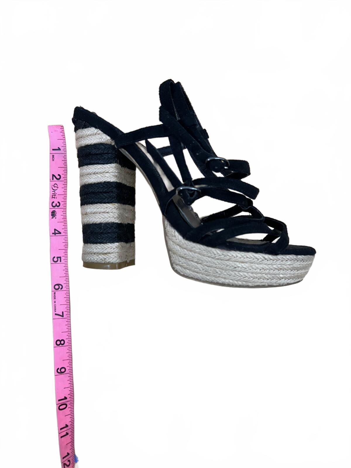 Lulu Townsend Black Strappy Espadrille Heels with Striped Block Heel
